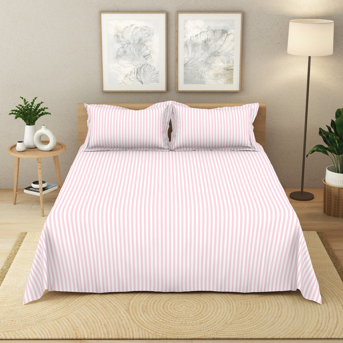 The Elegant Collection | Printed Double Bedsheet Set | 190 TC Cotton | Seersucker Stripe