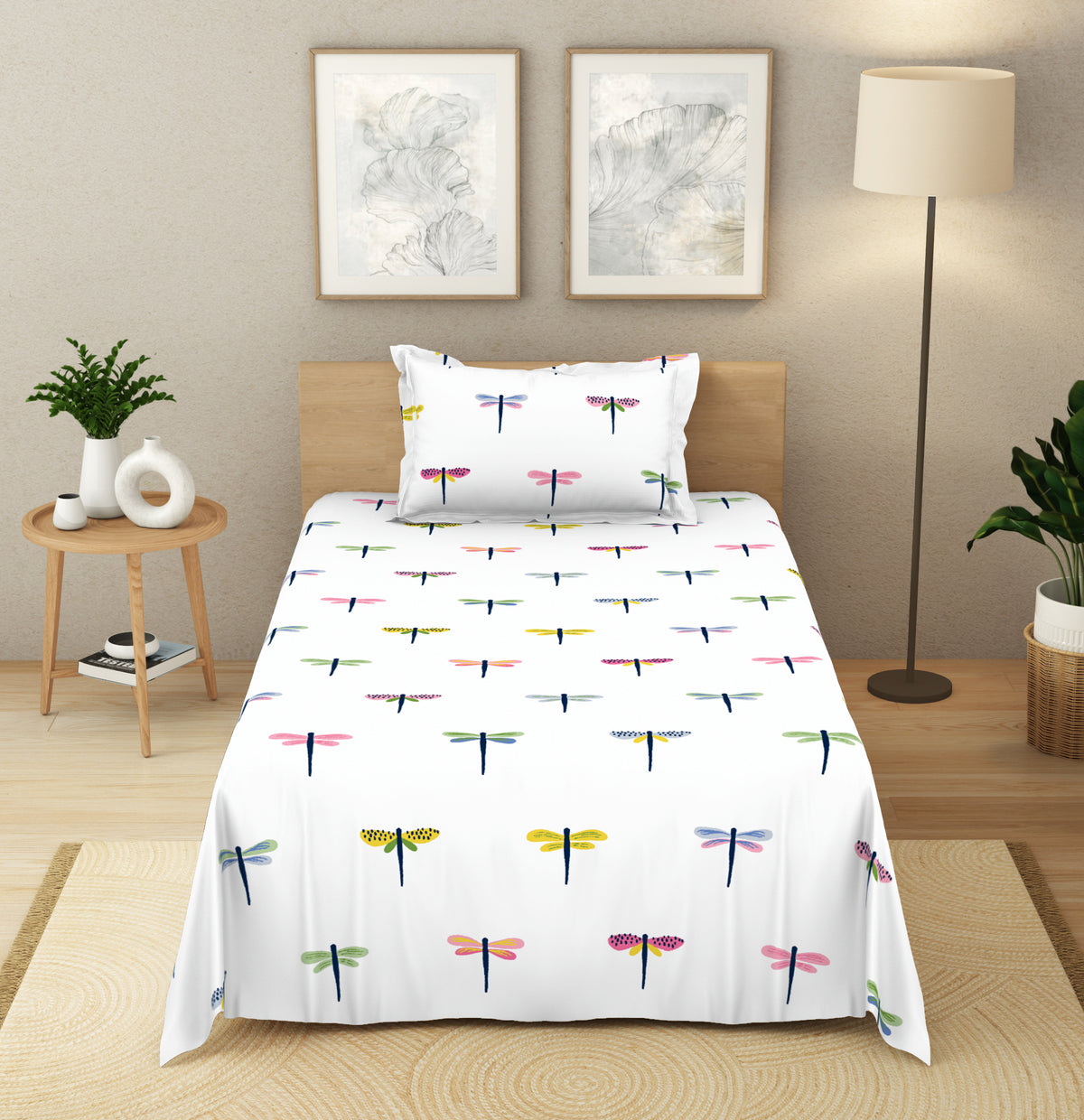 The Elegant Collection | Printed Single Bedsheet Set | 190 TC Cotton | Dragon Fly-Multi