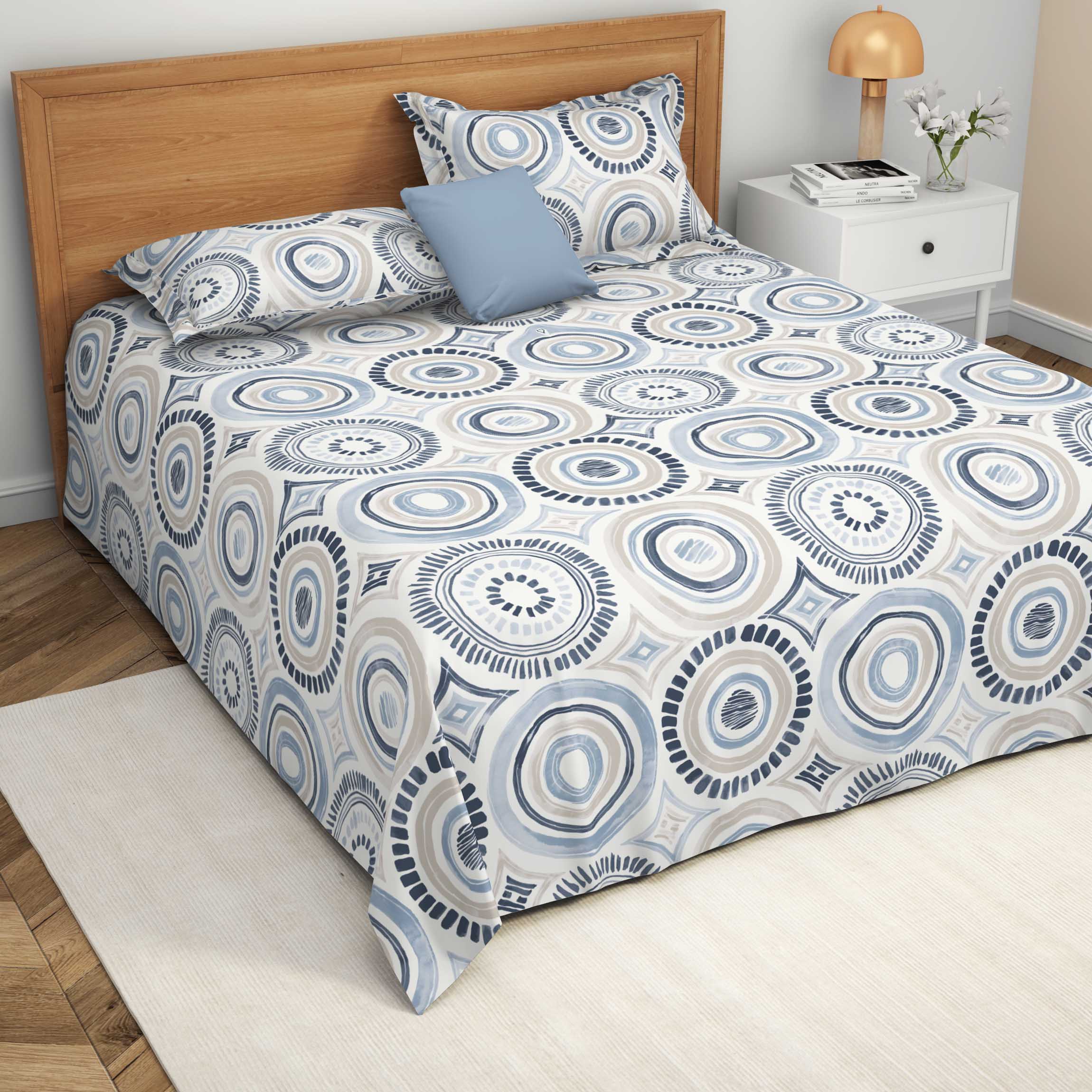 The Comfort Collection | Printed King Bedsheet Set | 120 Tc Percale Print | Dusky Blue