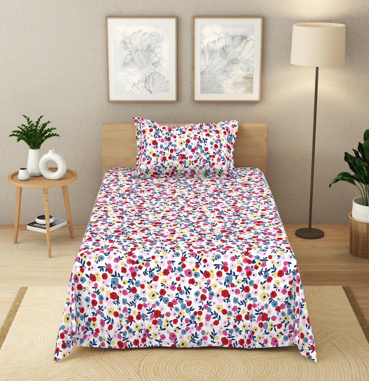 The Elegant Collection | Printed Single Bedsheet Set | 190 TC Cotton | Park Avenue Ditsy-Pink Green
