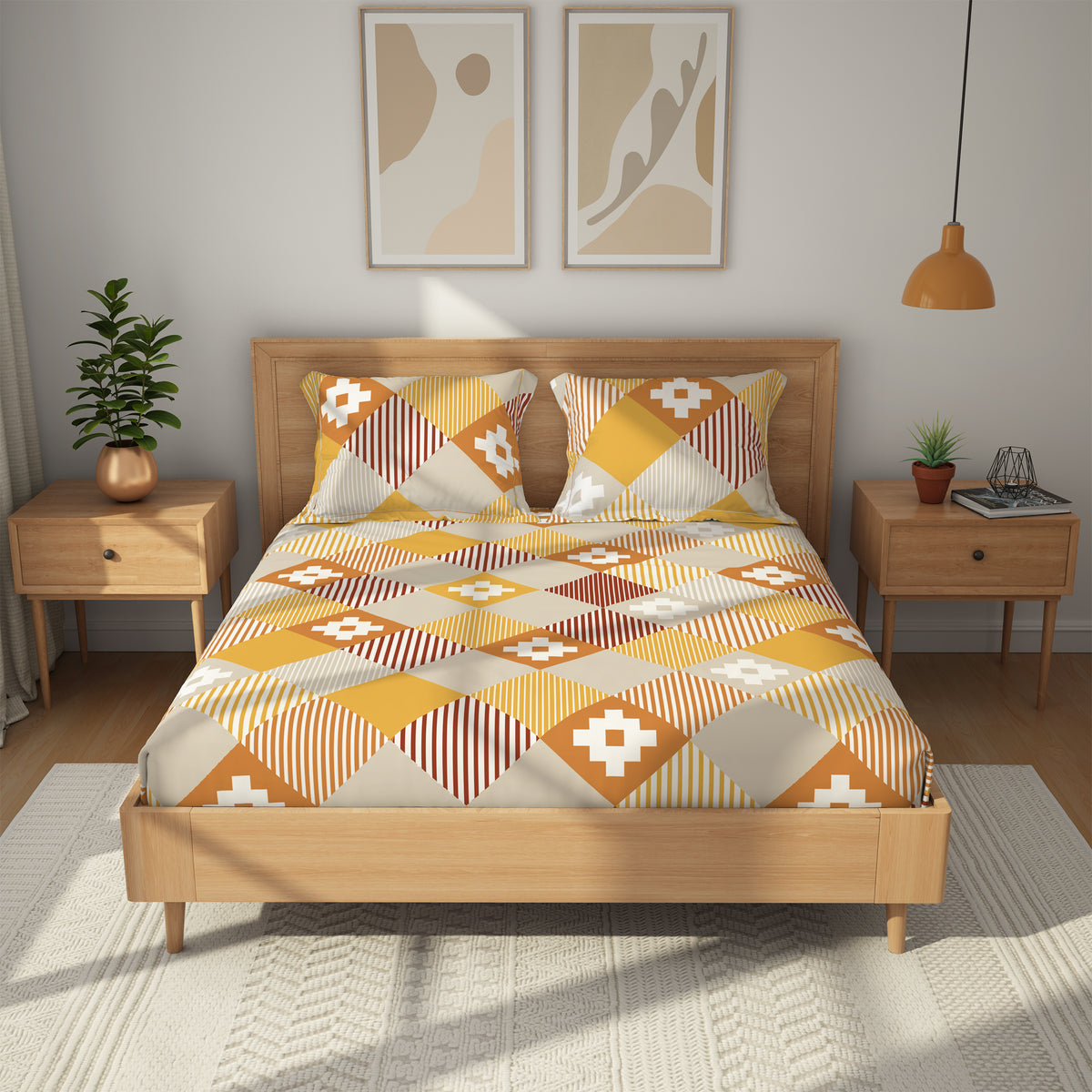 Himeya 100% Cotton 180 TC Bedsheet with 2 Pillow Covers - Stellate Mango Yellow