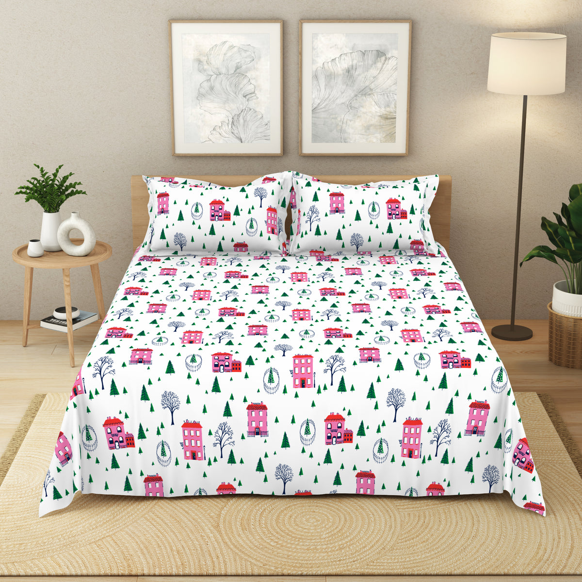 The Elegant Collection | Printed Double Bedsheet Set | 190 TC Cotton | Holiday Village-Multi