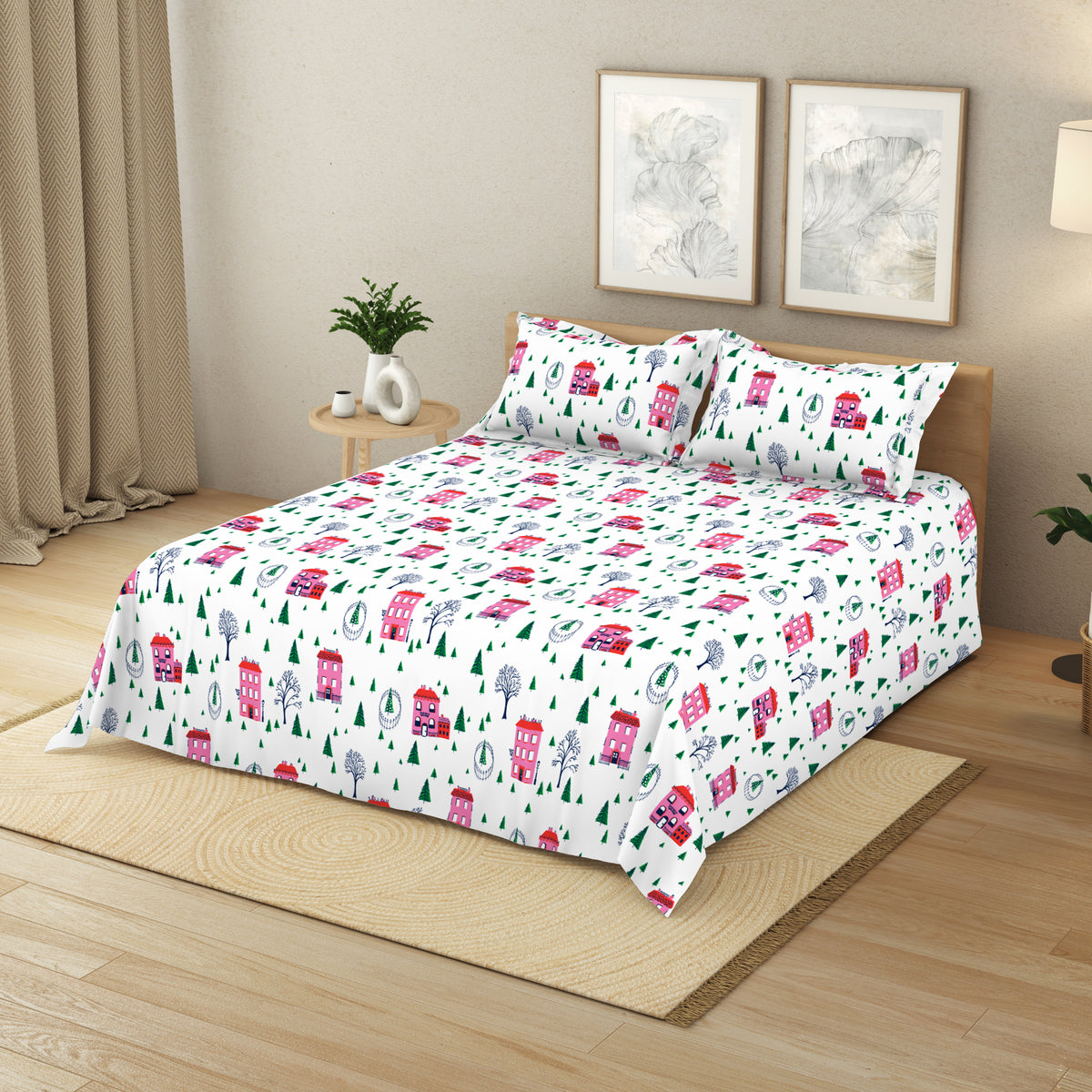 The Elegant Collection | Printed Double Bedsheet Set | 190 TC Cotton | Holiday Village-Multi