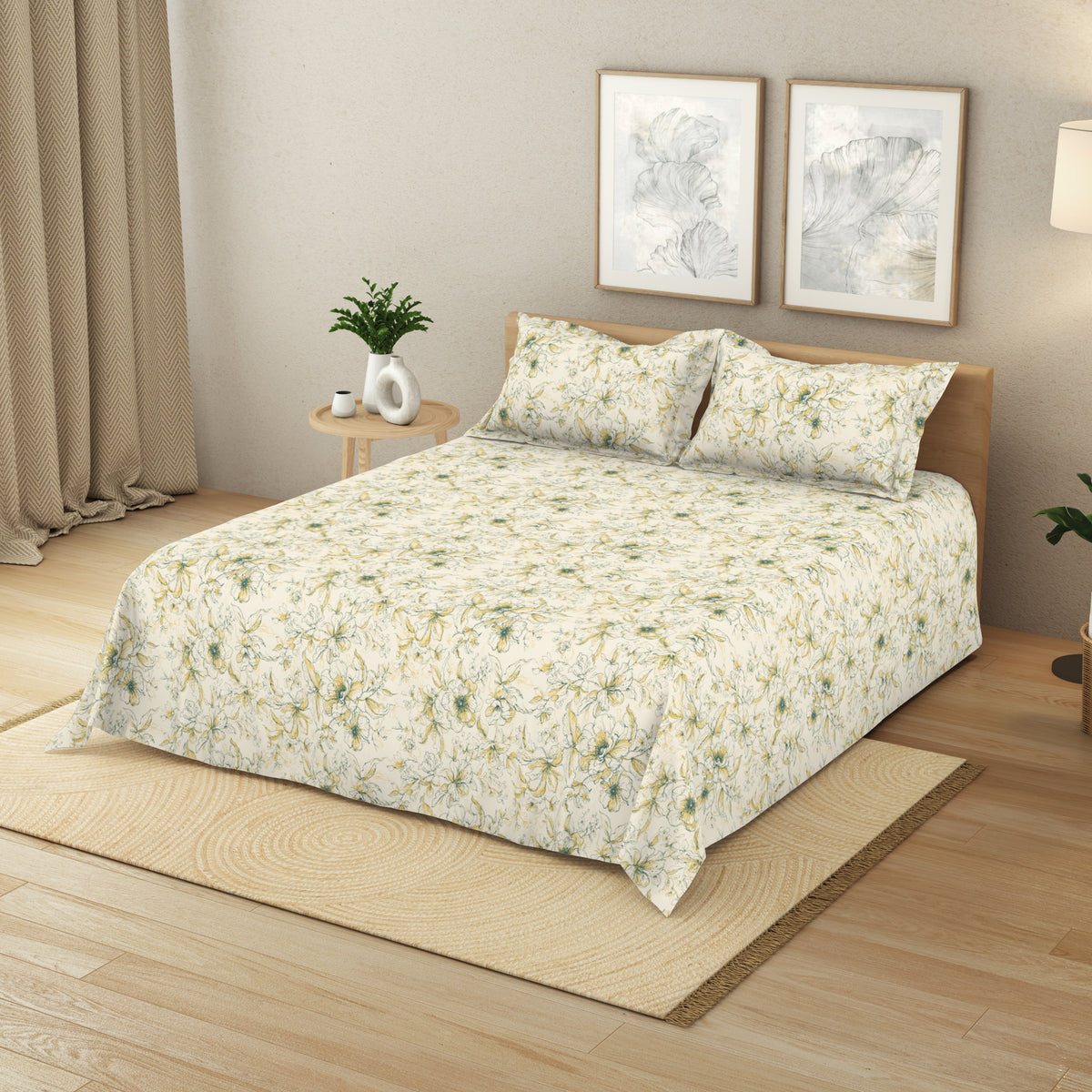 The Elite Collection | King Bedsheet Set | 180 TC Cotton | Yellow Fern