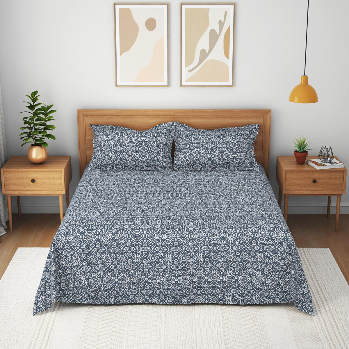 The Comfort Collection | Printed King Bedsheet Set | 120 Tc Percale Print | Indigo