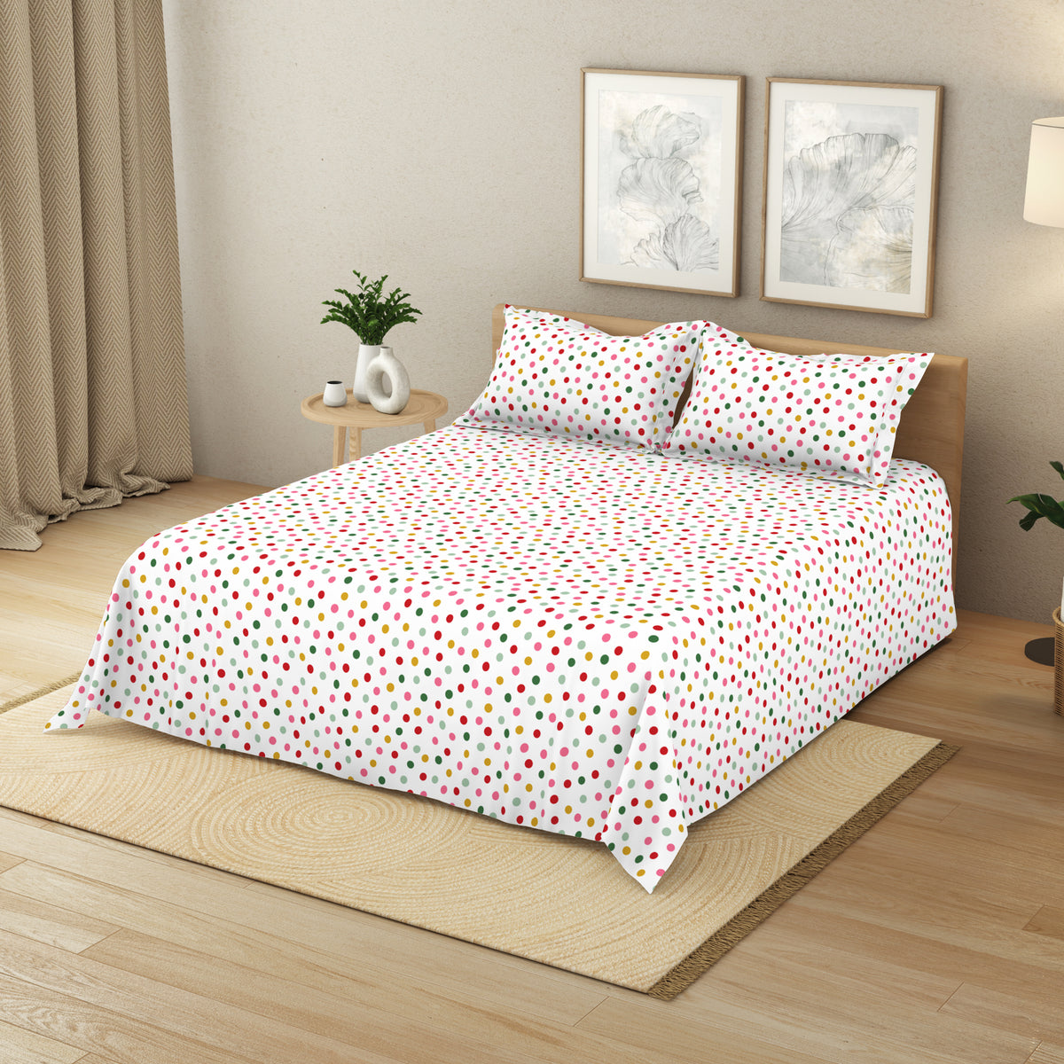 The Elegant Collection | Printed Double Bedsheet Set | 190 TC Cotton | Festive Dot Small-Bold Multi