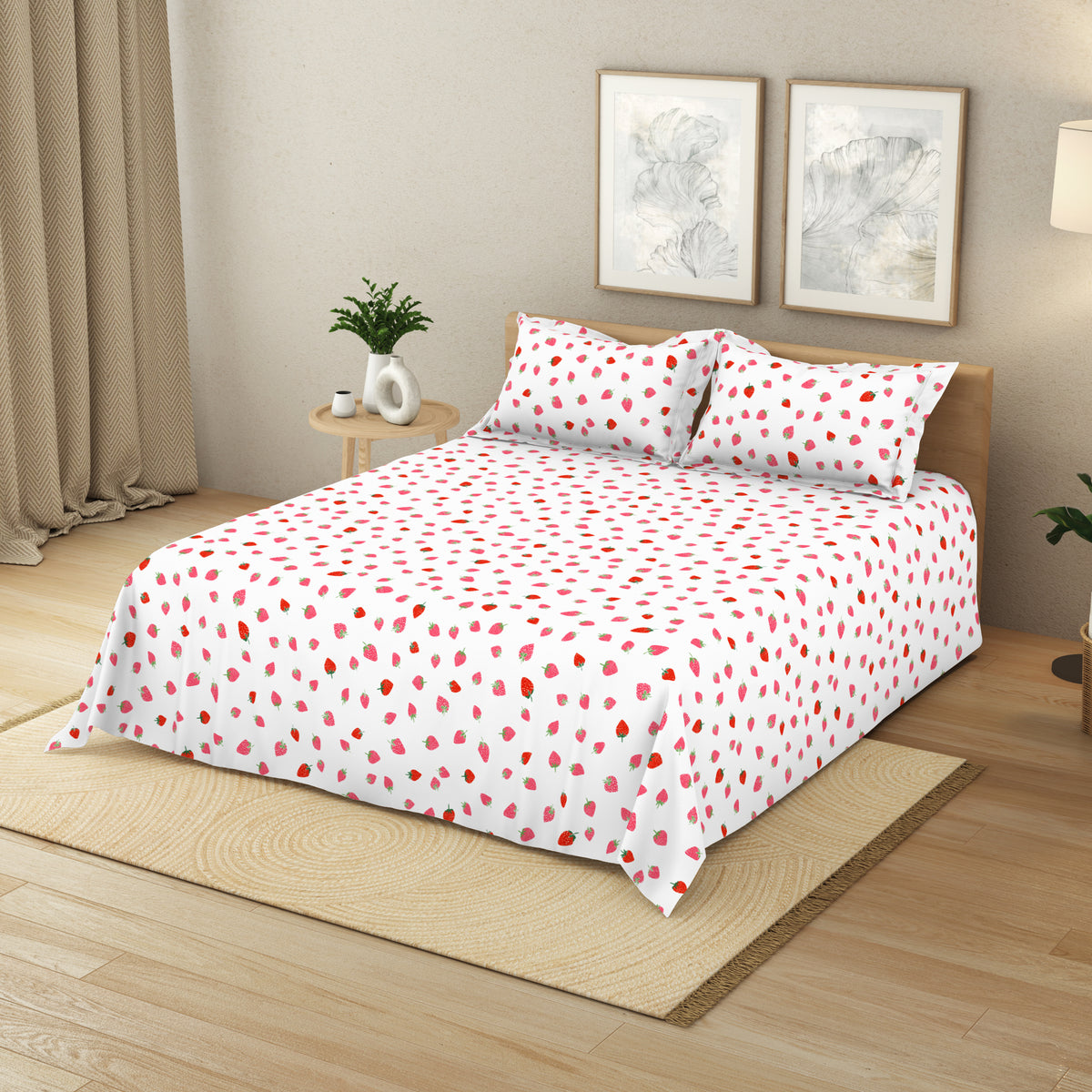 The Elegant Collection | Printed Double Bedsheet Set | 190 TC Cotton | Tossed Strawbery-Red
