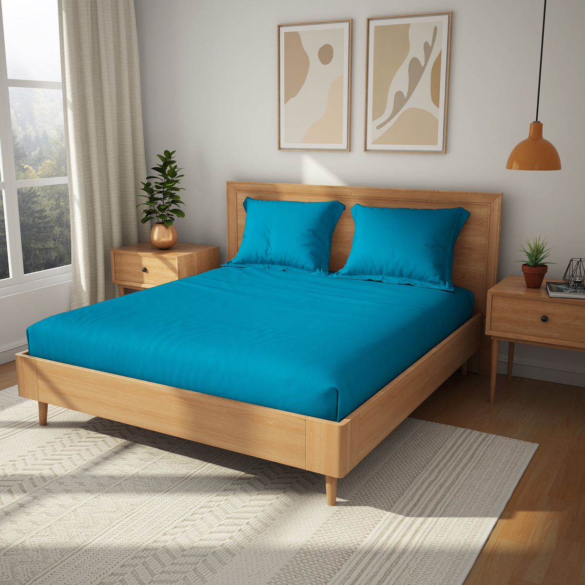 Himeya 100% Cotton 152 TC Bedsheet with 2 Pillow Covers - Peacock Blue