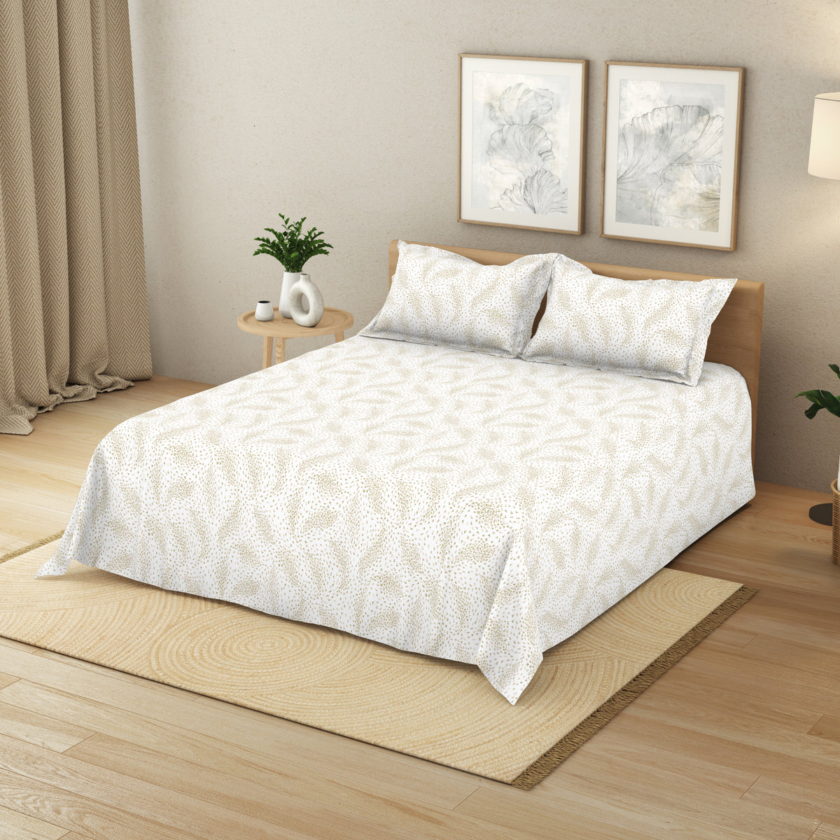 The Elegant Collection | Printed Double Bedsheet Set | 190 TC Cotton | Meadow Ditsy-Atlas Pink