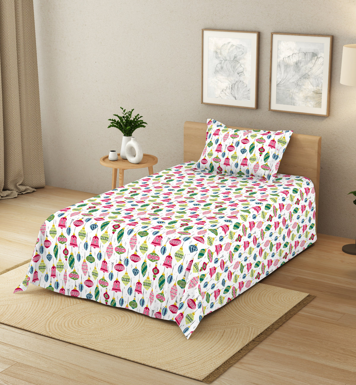 The Elegant Collection | Printed Single Bedsheet Set | 190 TC Cotton | Ornaments Holiday-Multi