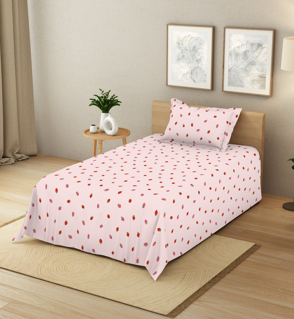The Elegant Collection | Printed Single Bedsheet Set | 190 TC Cotton | Wild Straw Toss - Pink