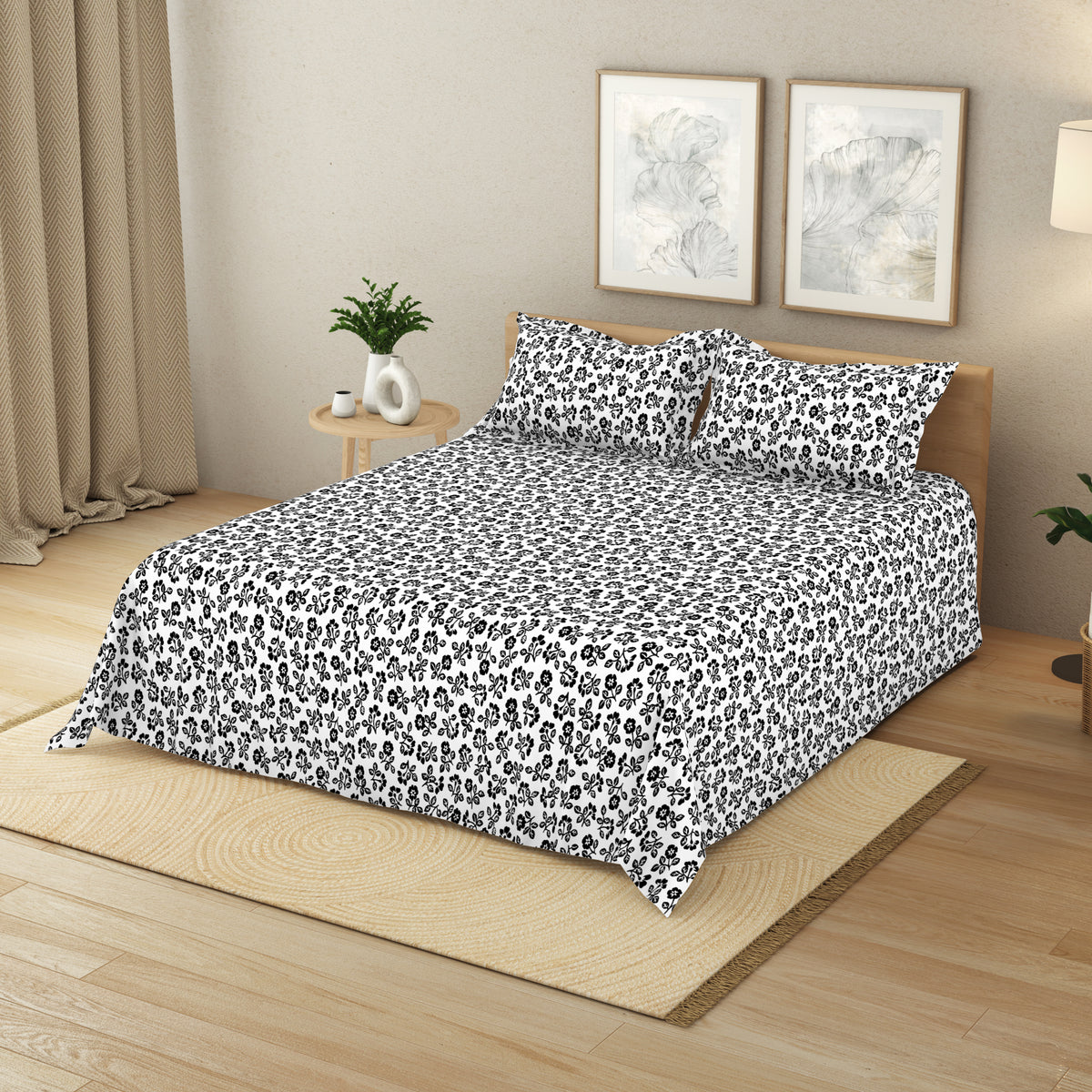 The Elegant Collection | Printed Double Bedsheet Set | 190 TC Cotton | Plain Ditsy-Black