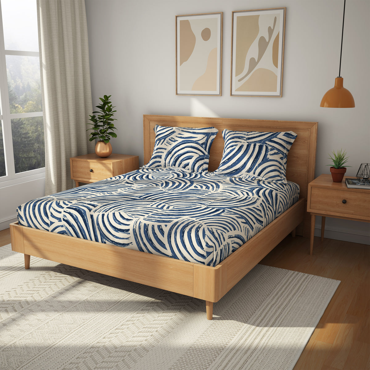 Himeya 100% Cotton 180 TC Bedsheet with 2 Pillow Covers - Tidal Moonlit Sky