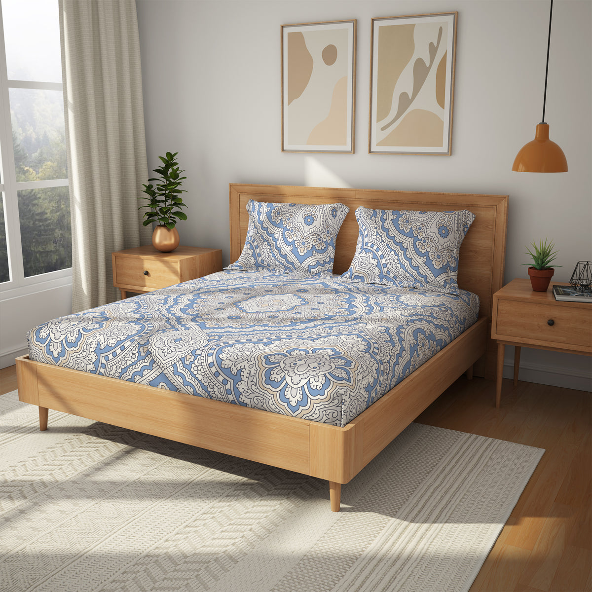 Himeya 100% Cotton 180 TC Bedsheet with 2 Pillow Covers - Kundan Light Sapphire