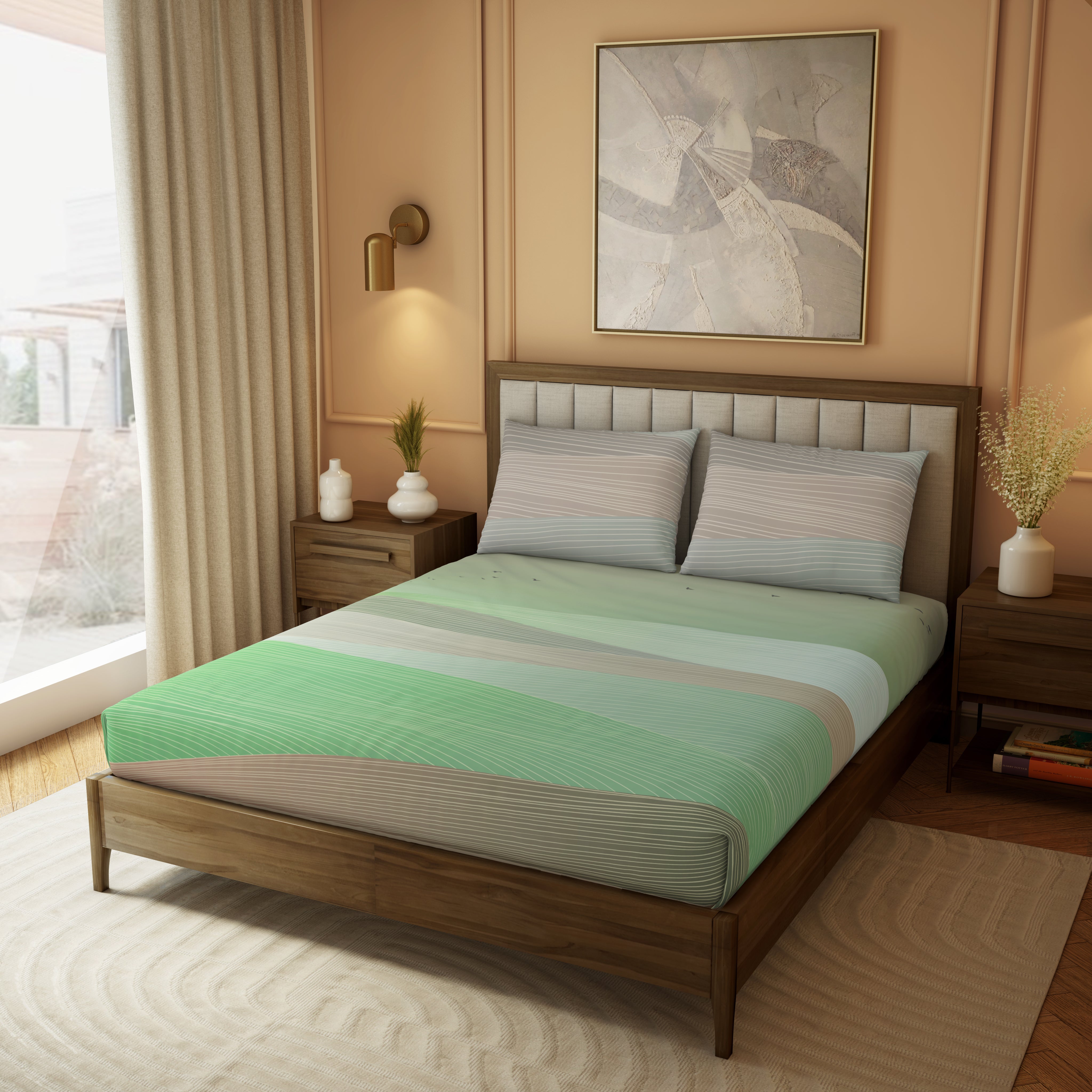 The Elite Collection, Landscape | Printed King Bedsheet Set | 210 TC Cotton - Moss Green