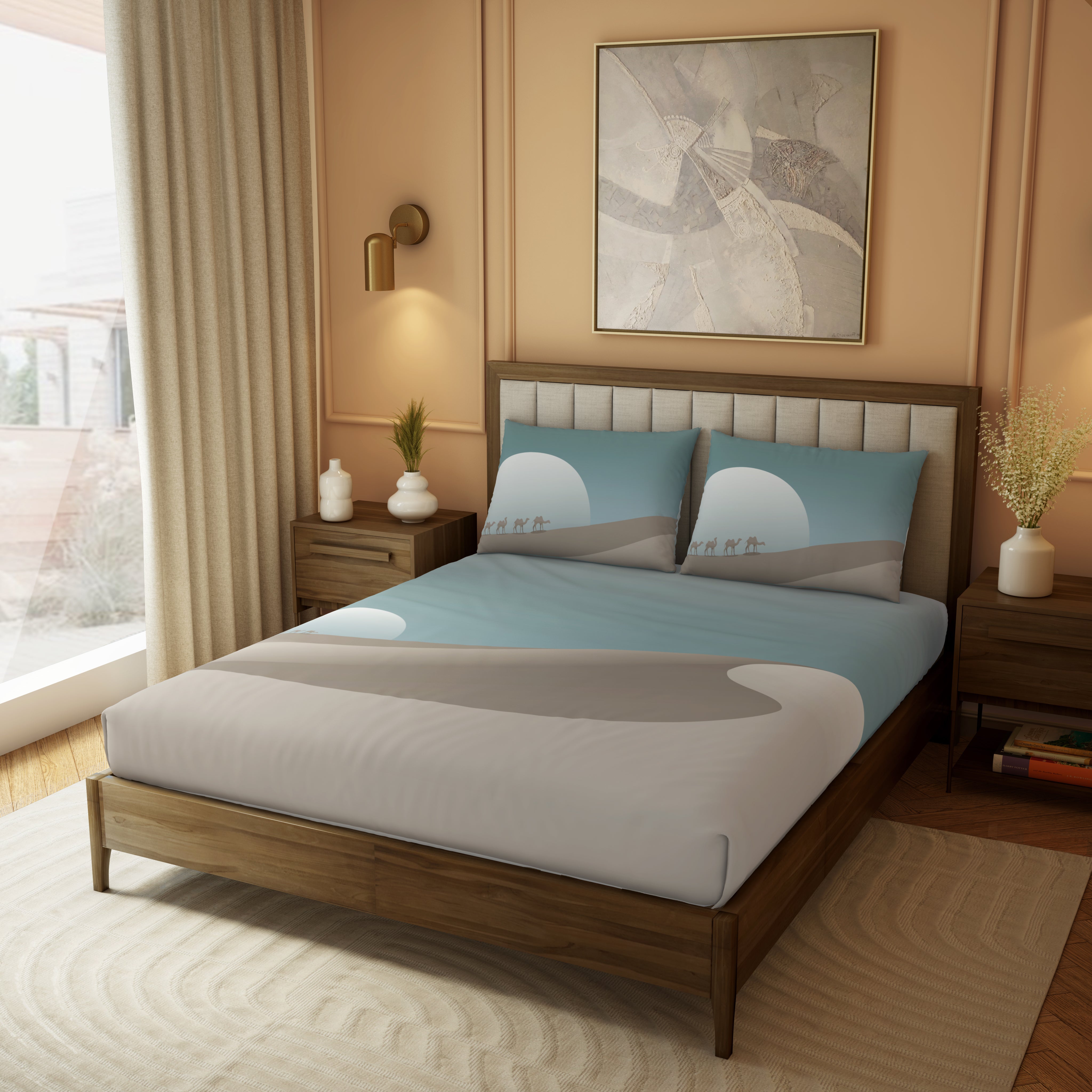 The Elite Collection, Landscape | Printed King Bedsheet Set | 210 TC Cotton - Evening Blue