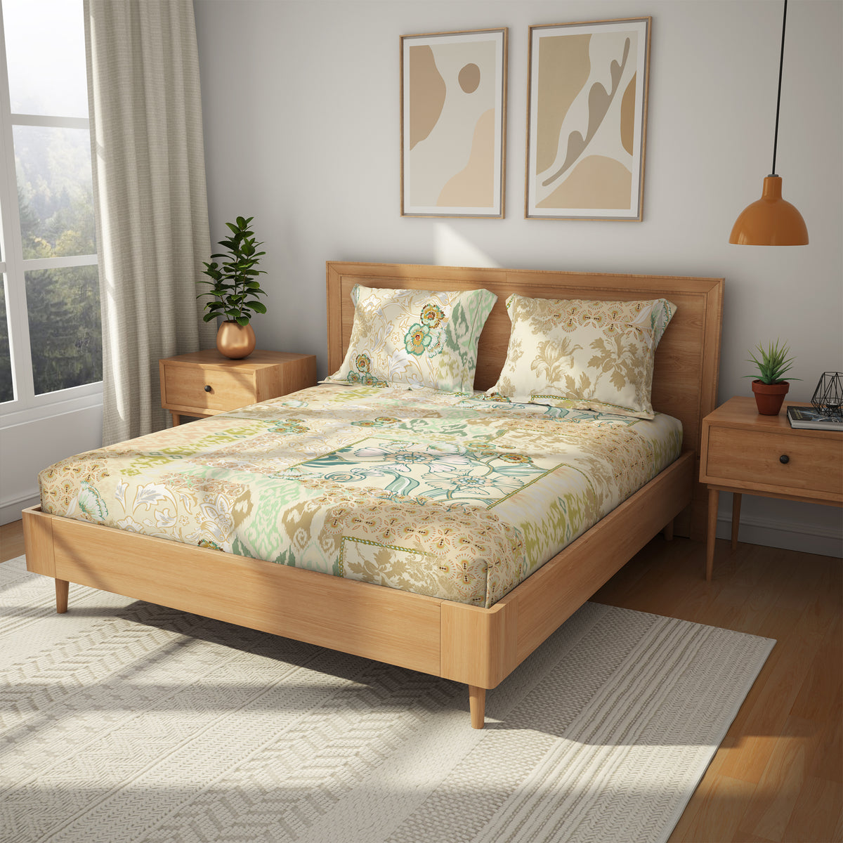 Himeya 100% Cotton 180 TC Bedsheet with 2 Pillow Covers - Charbagh Meadow Green