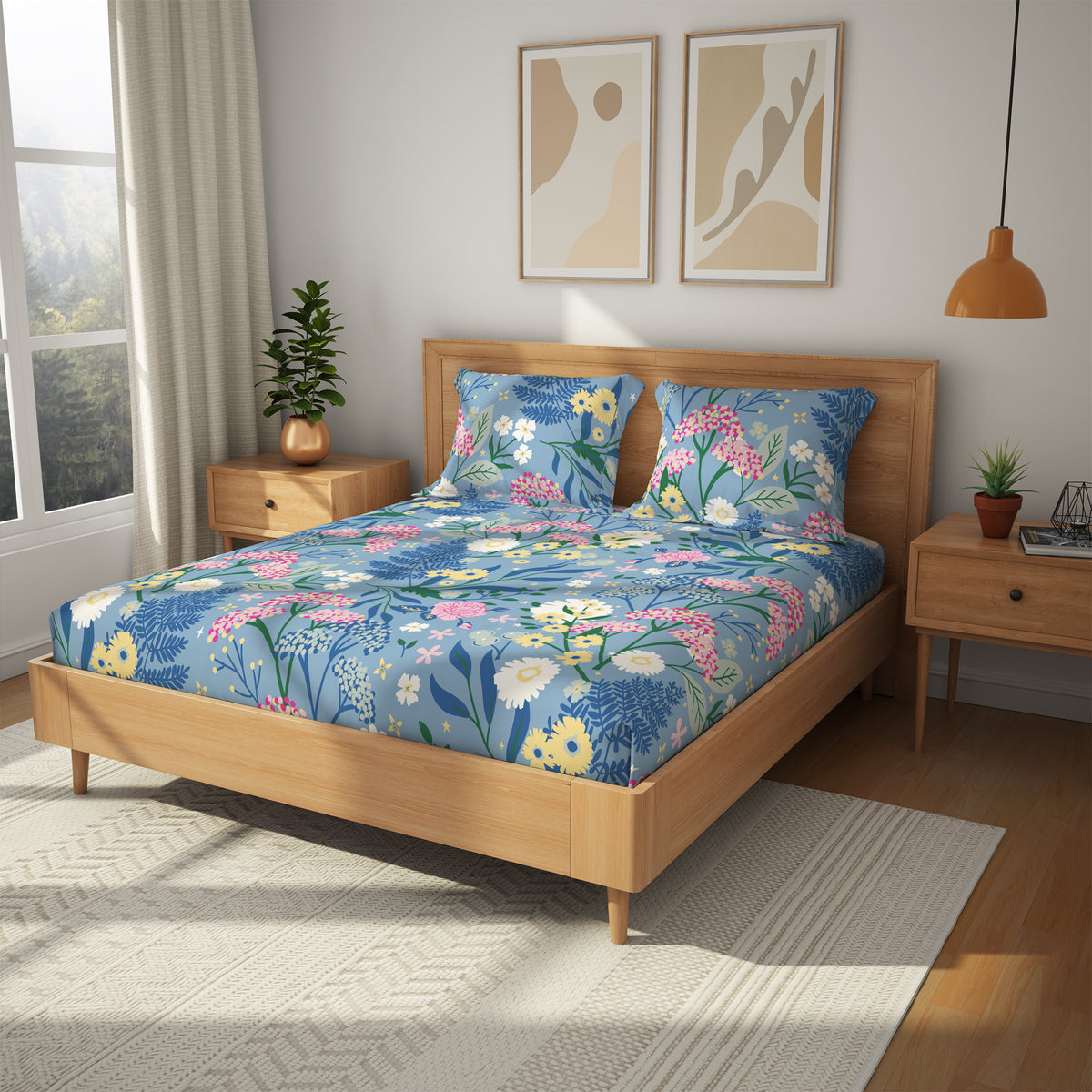Himeya 100% Cotton 180 TC Bedsheet with 2 Pillow Covers -Terrace Farm Violet Blue