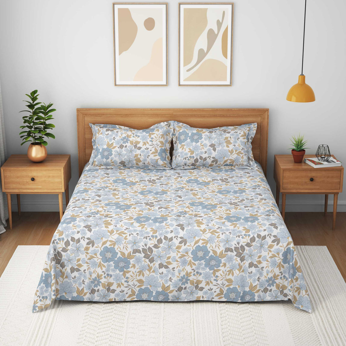 The Comfort Collection | Printed King Bedsheet Set | 120 Tc Percale Print | Dusky Blue