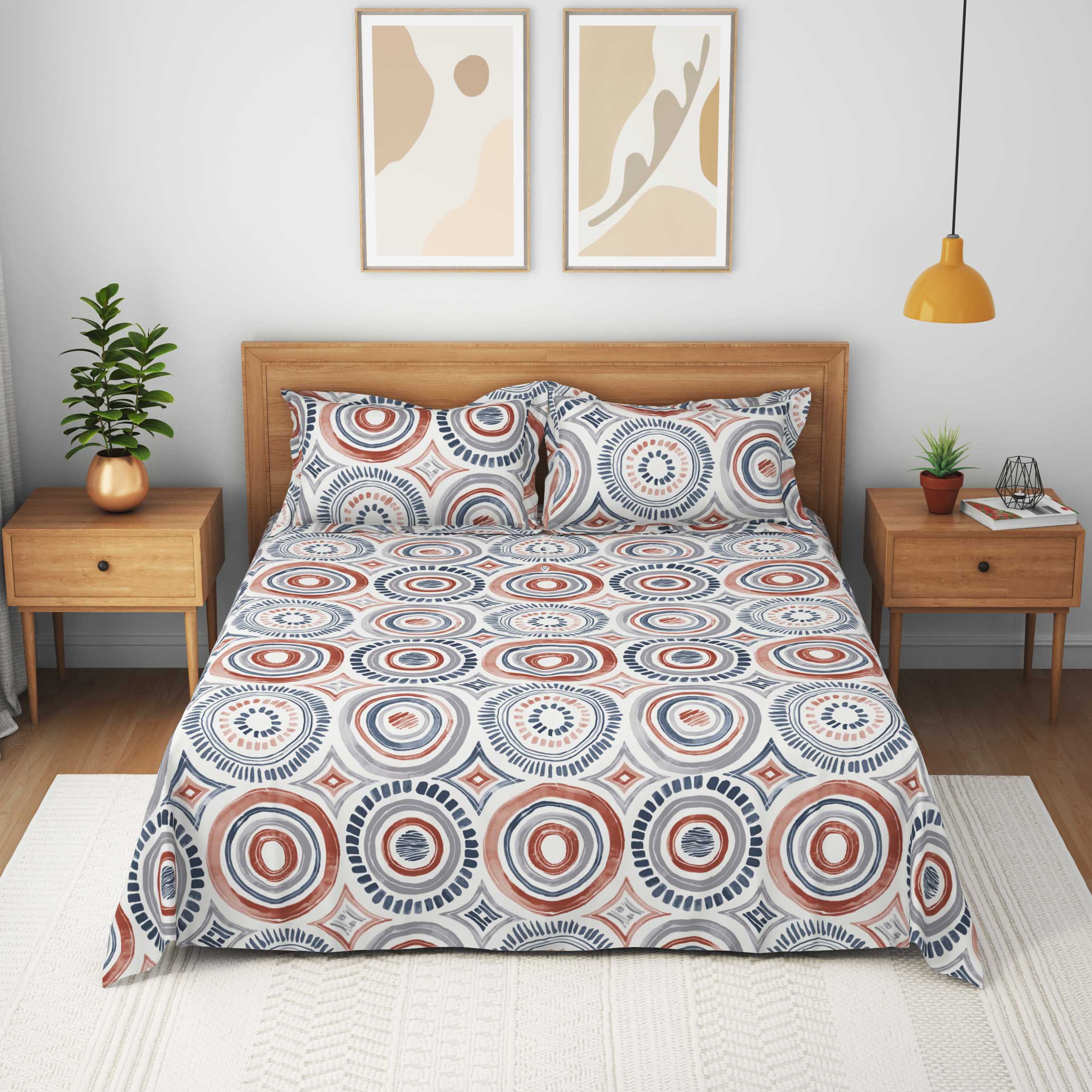 The Comfort Collection | Printed King Bedsheet Set | 120 Tc Percale Print - Indigo Rust