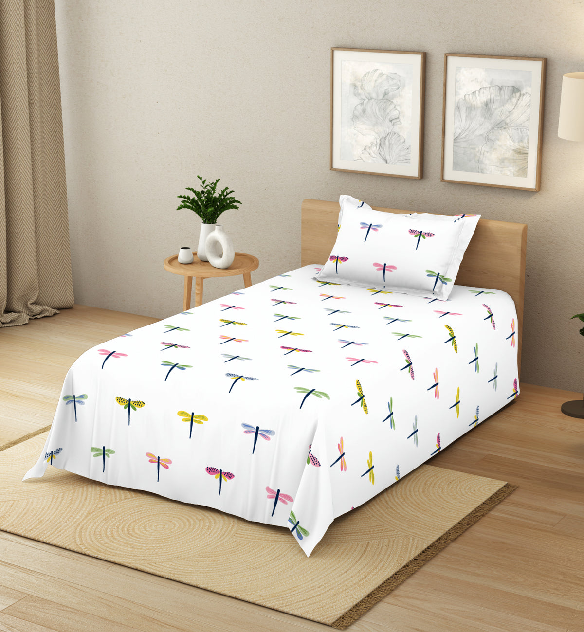 The Elegant Collection | Printed Single Bedsheet Set | 190 TC Cotton | Dragon Fly-Multi