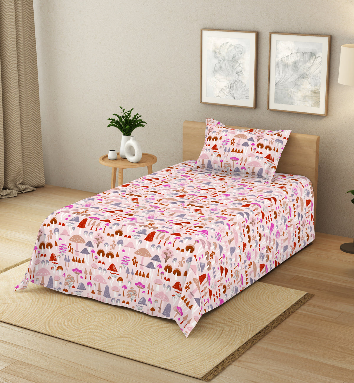 The Elegant Collection | Printed Single Bedsheet Set | 190 TC Cotton | Mushroom-Pink