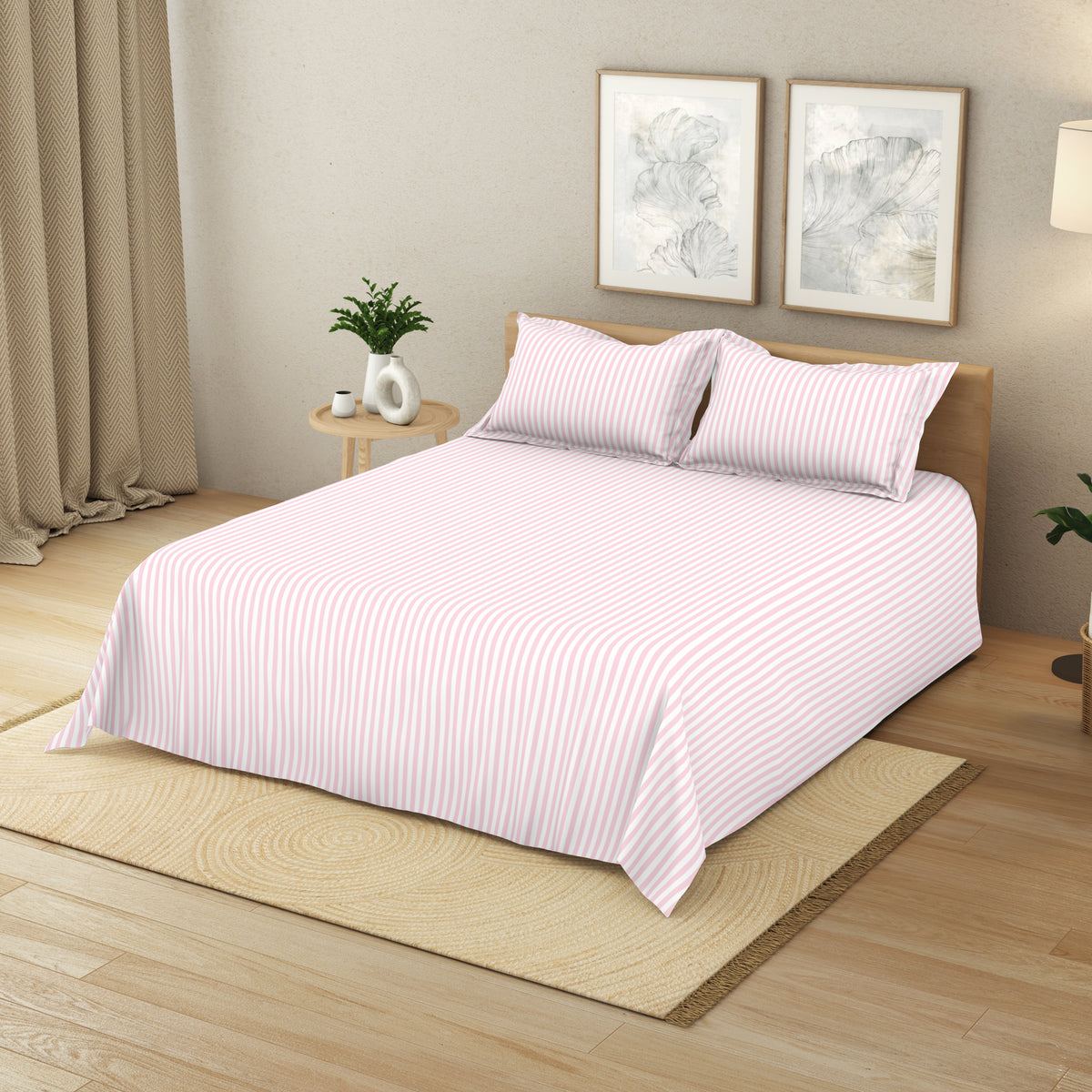 The Elegant Collection | Printed Double Bedsheet Set | 190 TC Cotton | Seersucker Stripe