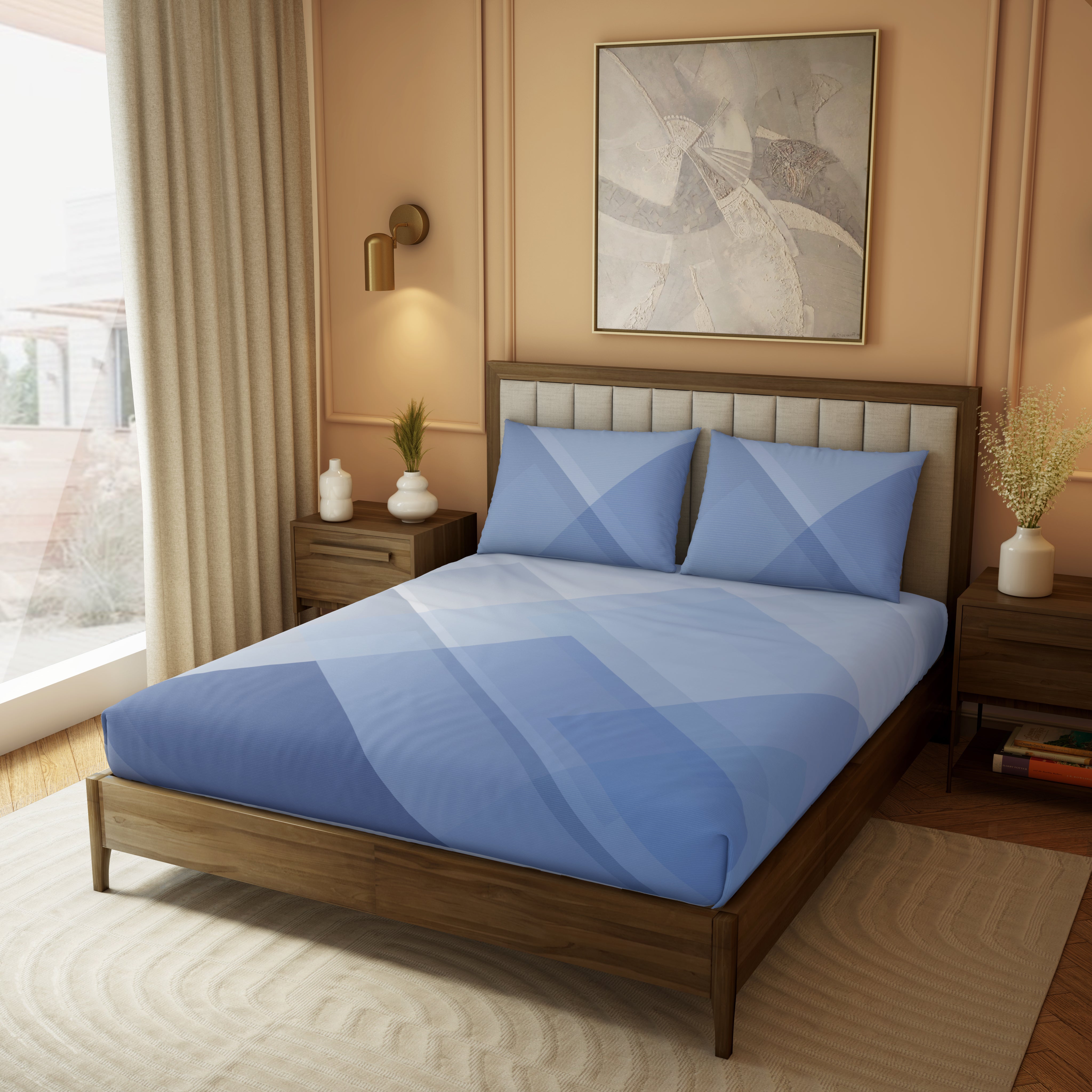 The Elite Collection, Landscape | Printed King Bedsheet Set | 210 TC Cotton - Sapphire Blue