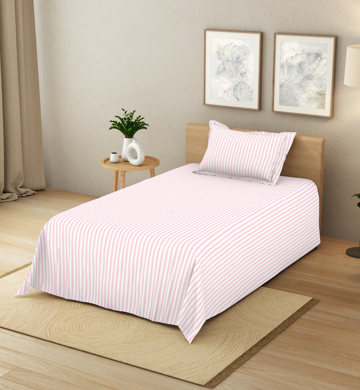 The Elegant Collection | Printed Single Bedsheet Set | 190 TC Cotton | Seersucker Stripe