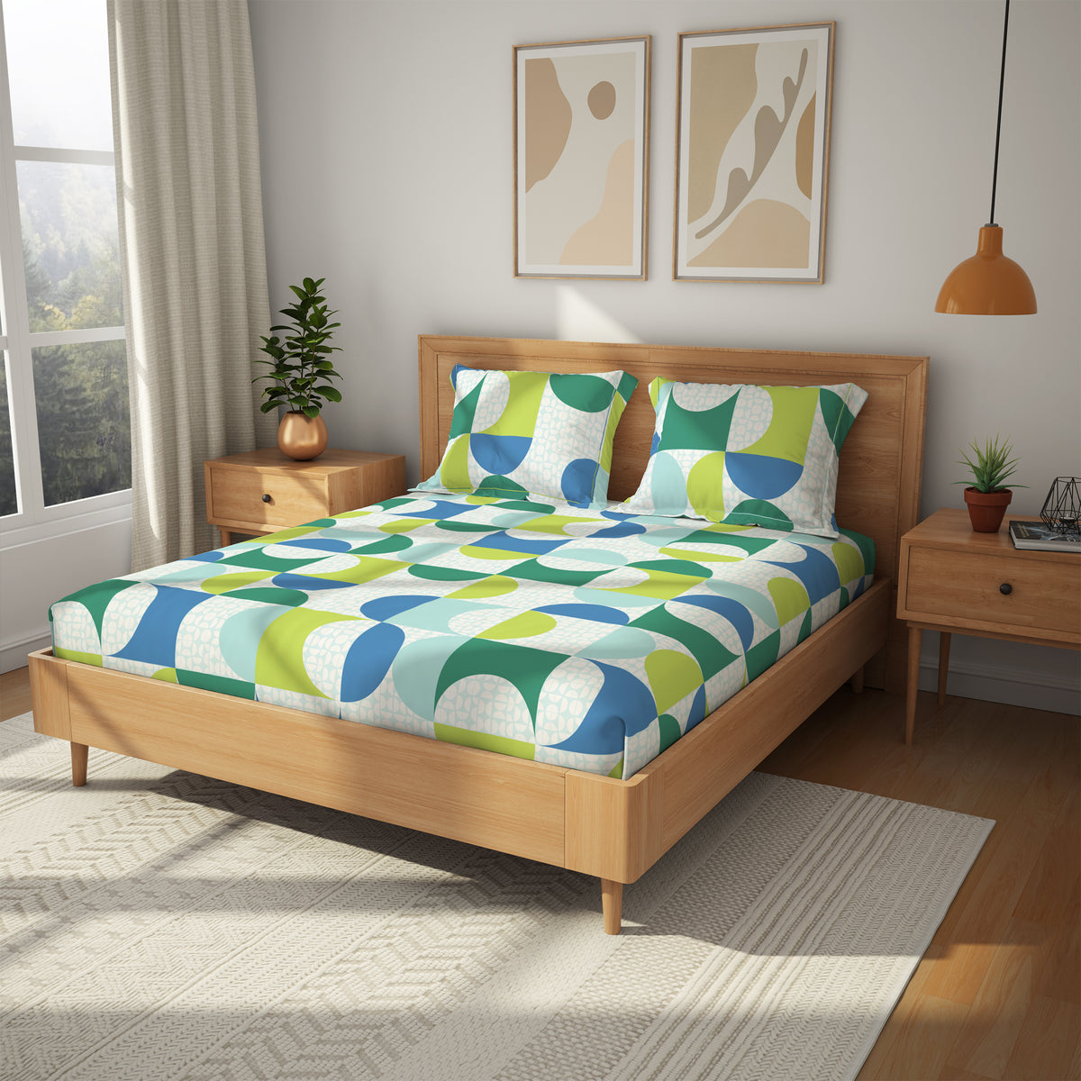 Himeya 100% Cotton 180 TC Bedsheet with 2 Pillow Covers - Carnival Island Blue