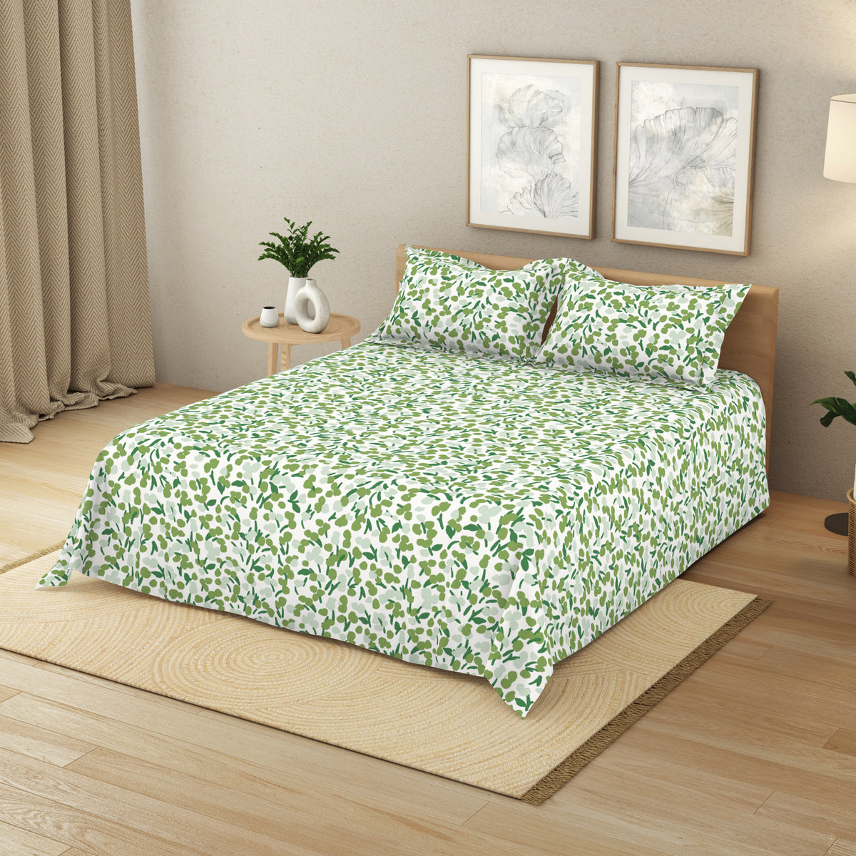 The Elegant Collection | Printed Double Bedsheet Set | 190 TC Cotton | Breezy Buds-Turtle Grn