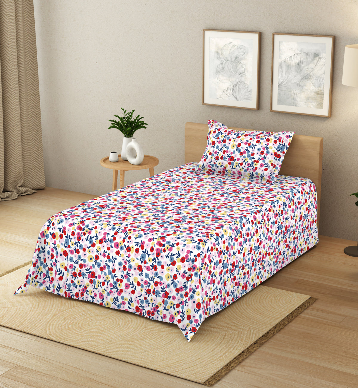 The Elegant Collection | Printed Single Bedsheet Set | 190 TC Cotton | Park Avenue Ditsy-Pink Green