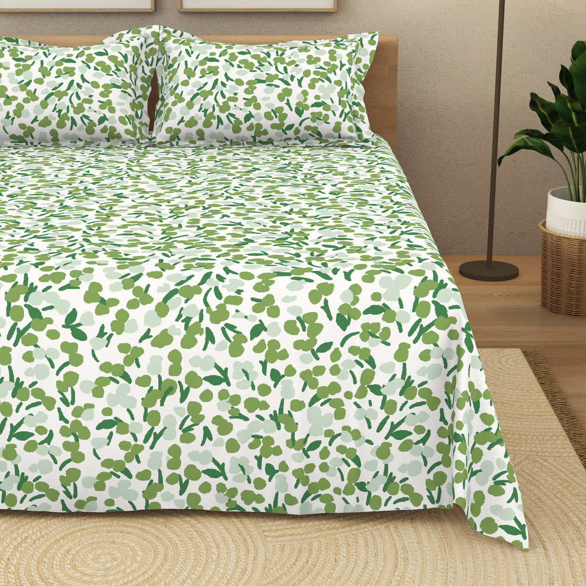 The Elegant Collection | Printed Double Bedsheet Set | 190 TC Cotton | Breezy Buds-Turtle Grn