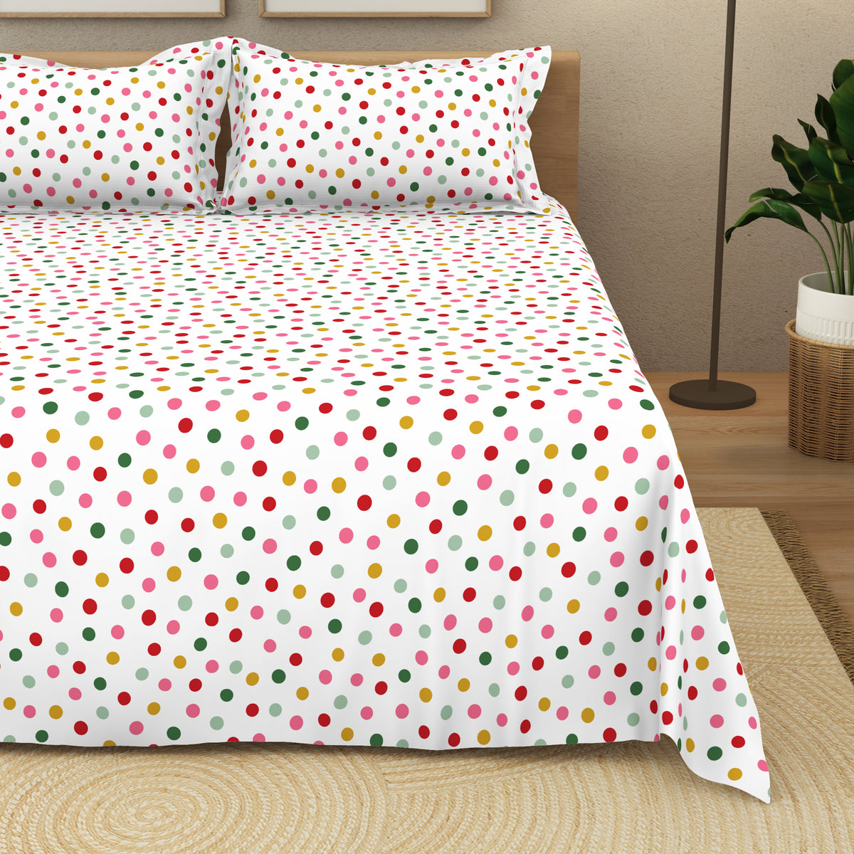The Elegant Collection | Printed Double Bedsheet Set | 190 TC Cotton | Festive Dot Small-Bold Multi