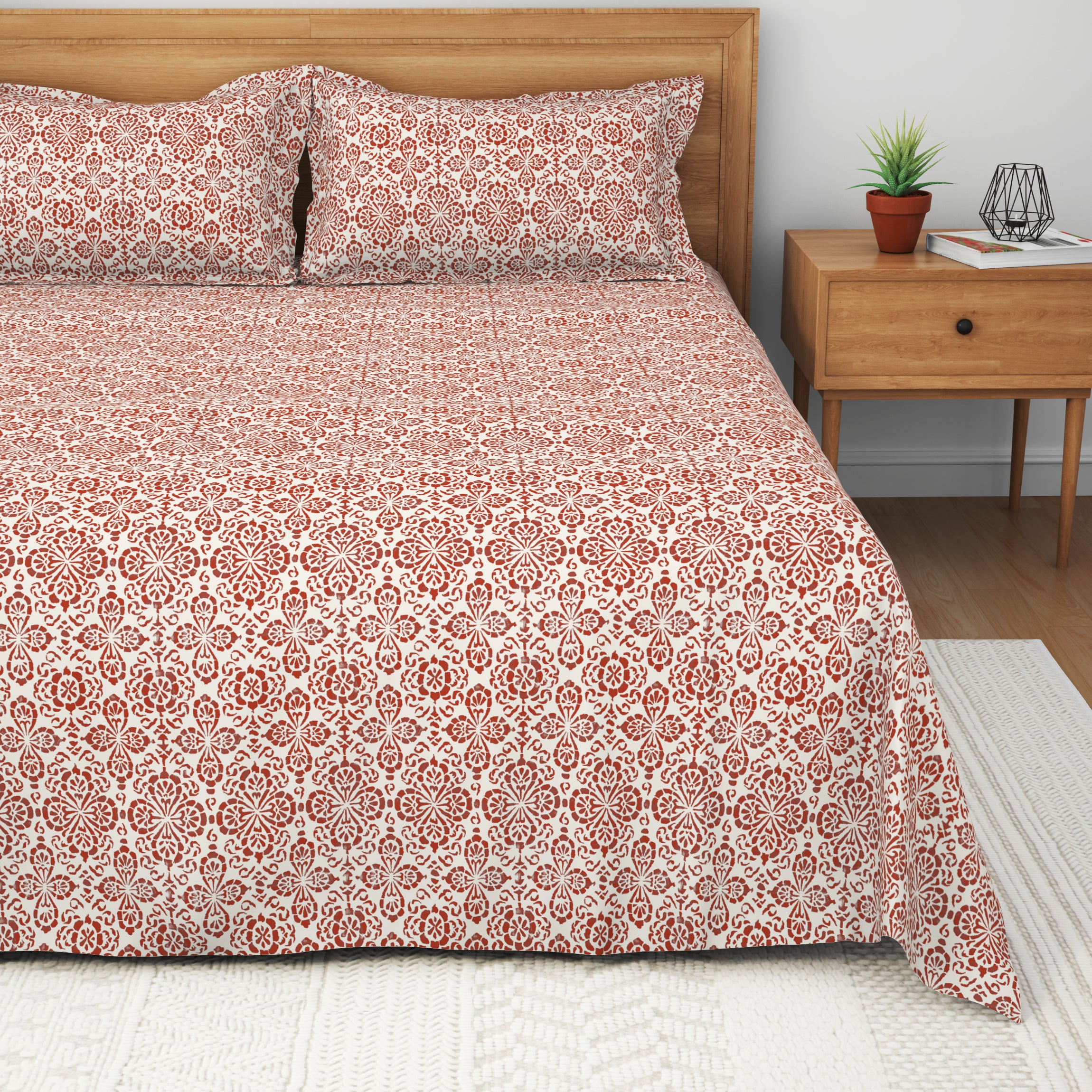 The Comfort Collection | Printed King Bedsheet Set | 120 Tc Percale Print | Rust
