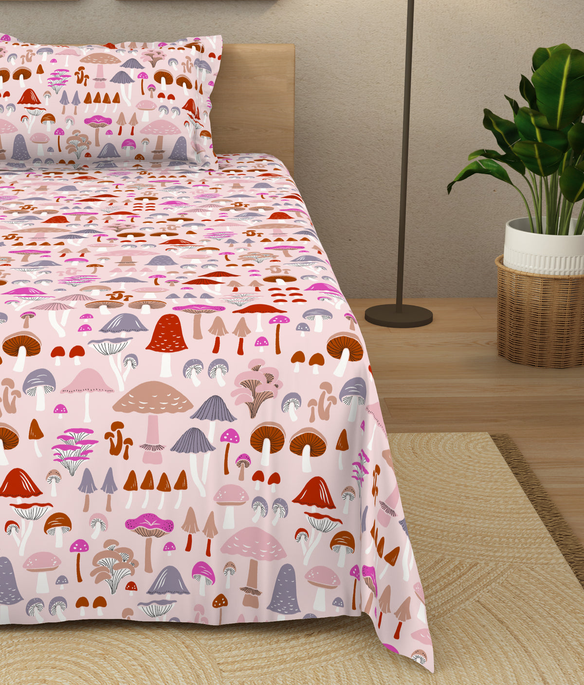 The Elegant Collection | Printed Single Bedsheet Set | 190 TC Cotton | Mushroom-Pink