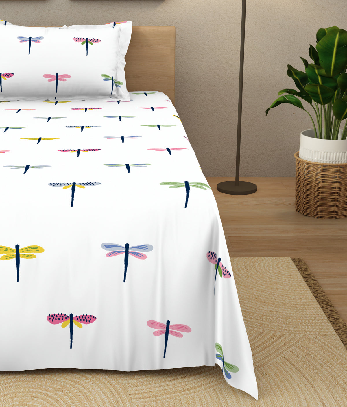 The Elegant Collection | Printed Single Bedsheet Set | 190 TC Cotton | Dragon Fly-Multi