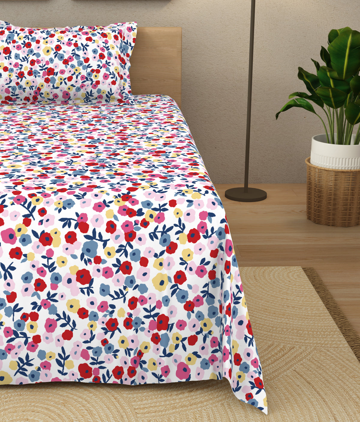 The Elegant Collection | Printed Single Bedsheet Set | 190 TC Cotton | Park Avenue Ditsy-Pink Green
