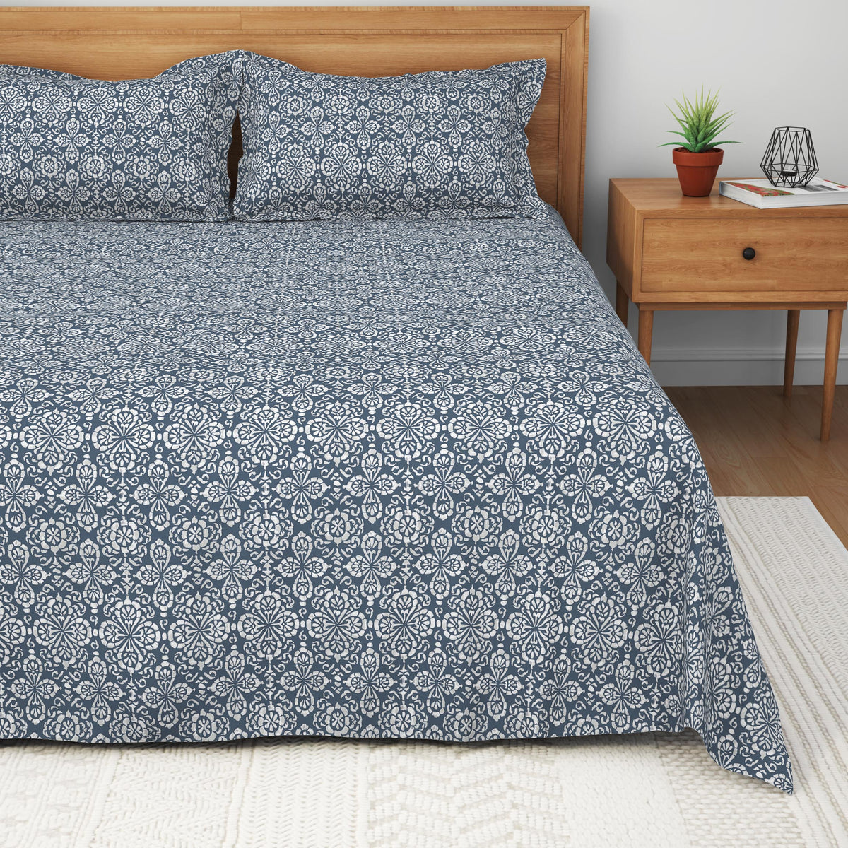 The Comfort Collection | Printed King Bedsheet Set | 120 Tc Percale Print | Indigo