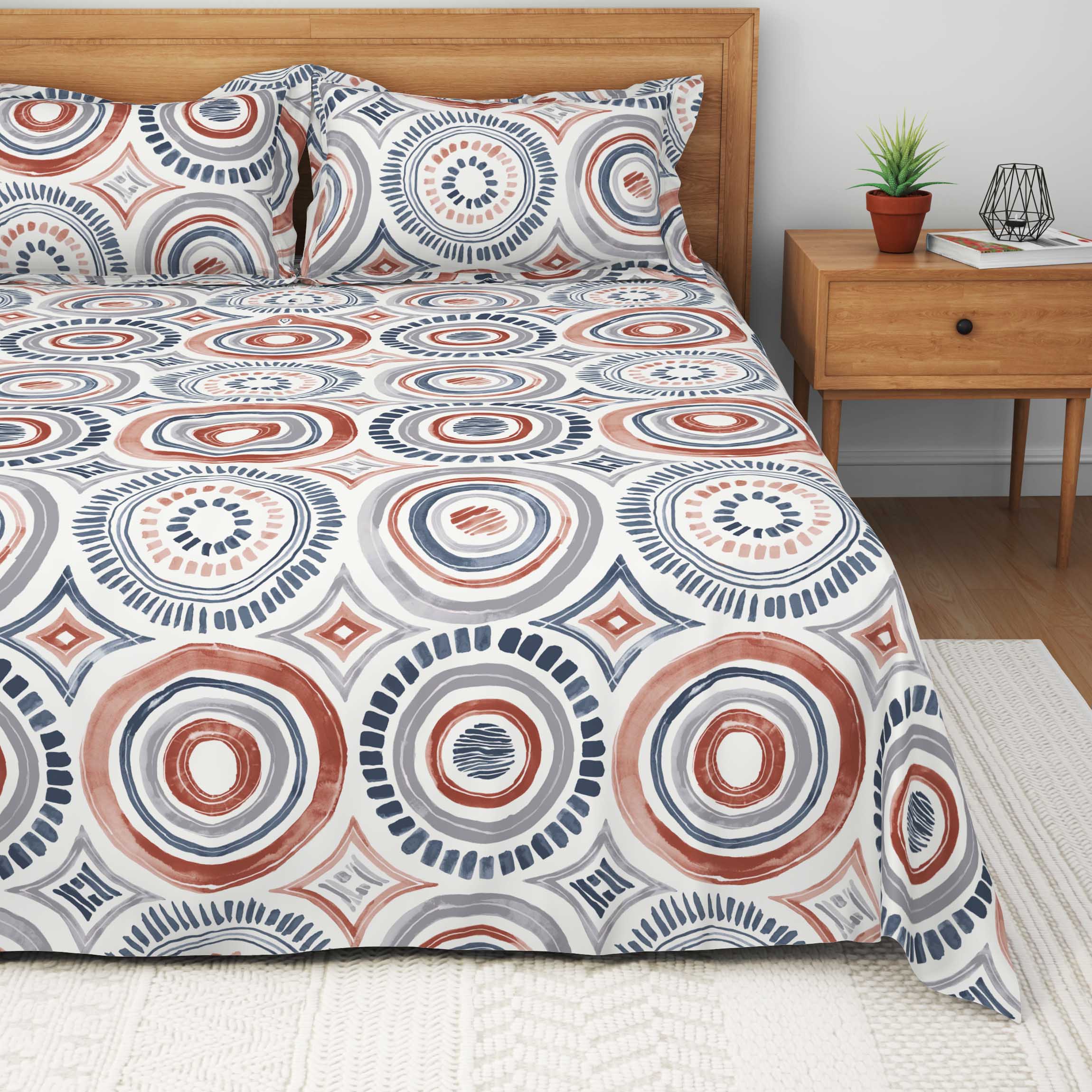 The Comfort Collection | Printed King Bedsheet Set | 120 Tc Percale Print - Indigo Rust