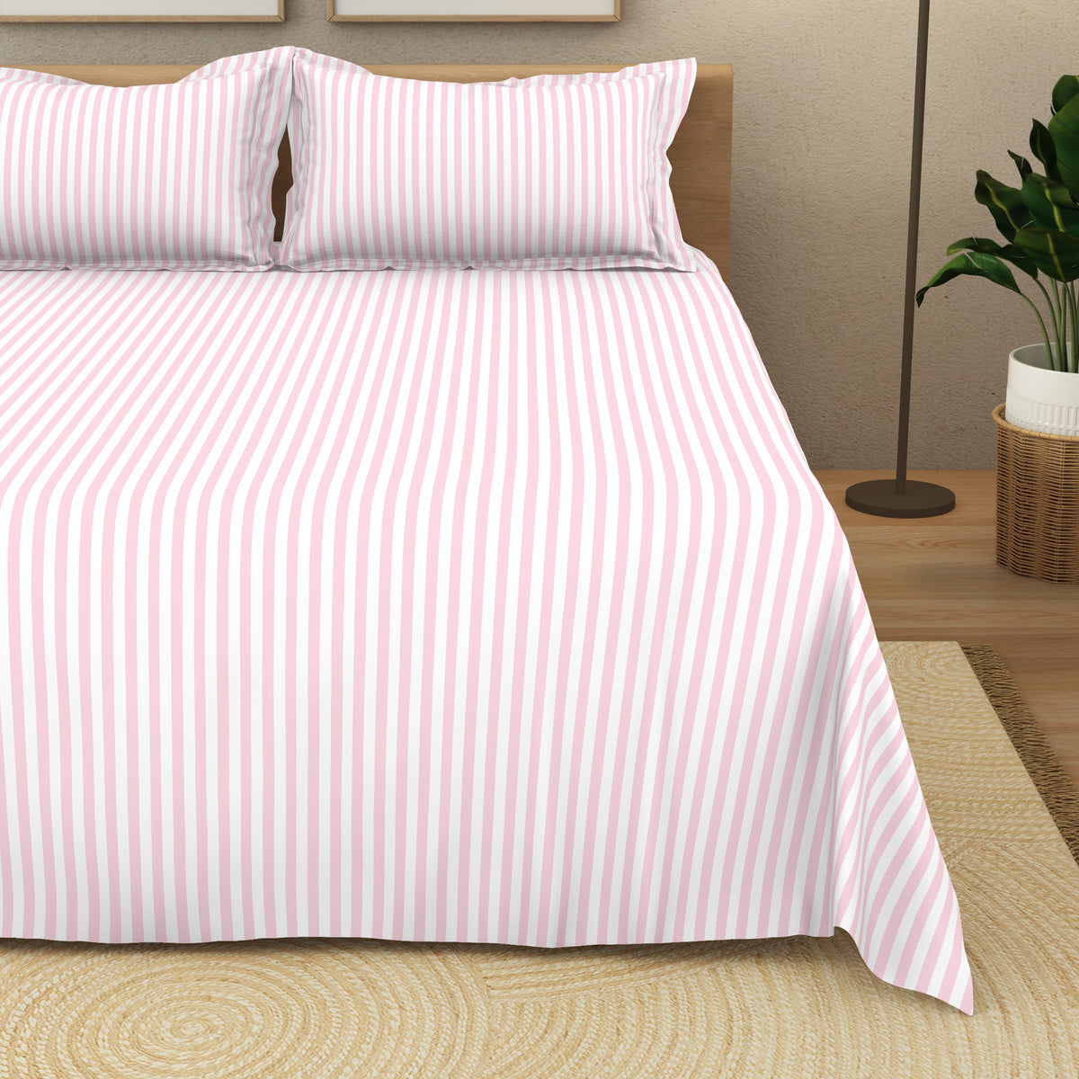 The Elegant Collection | Printed Double Bedsheet Set | 190 TC Cotton | Seersucker Stripe