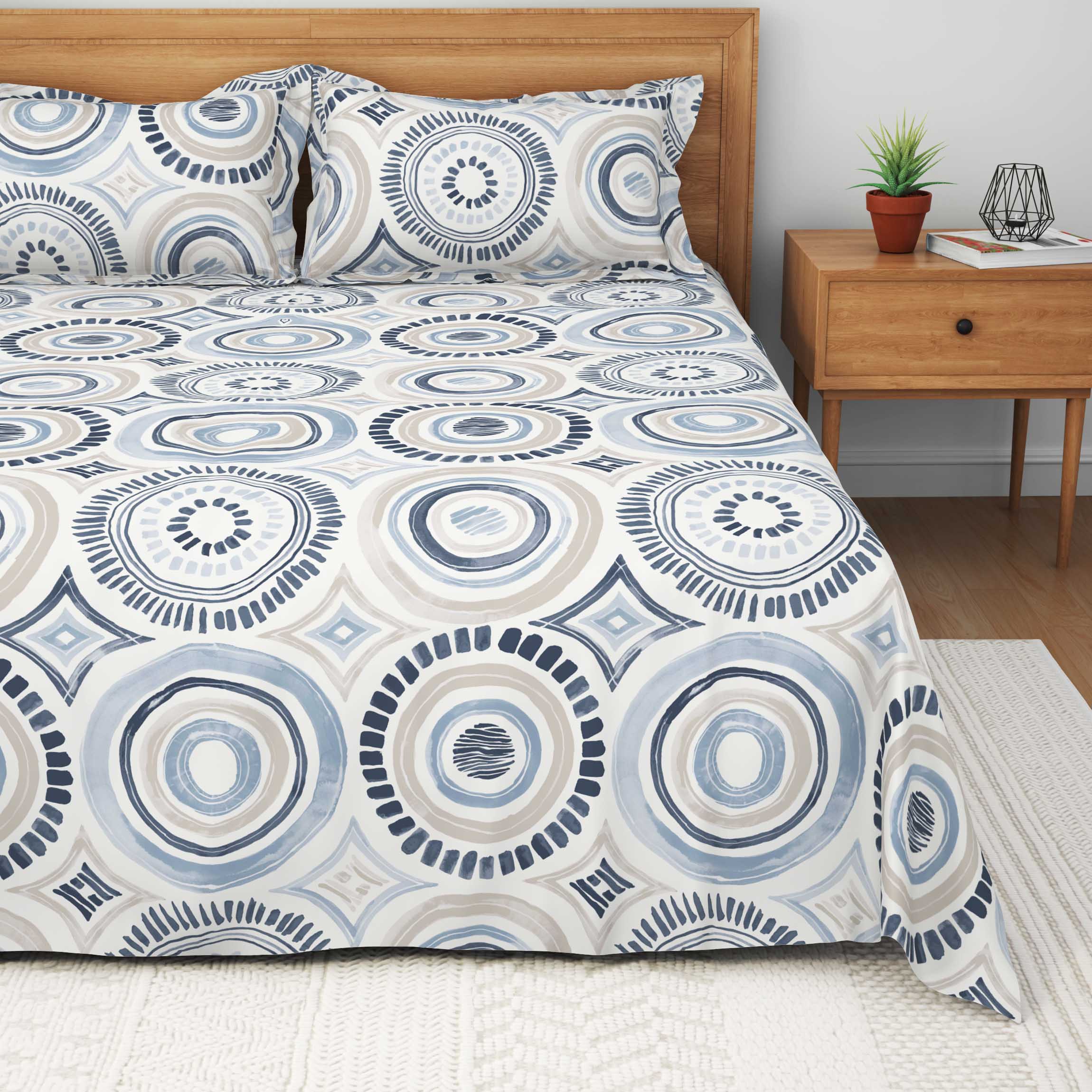 The Comfort Collection | Printed King Bedsheet Set | 120 Tc Percale Print | Dusky Blue
