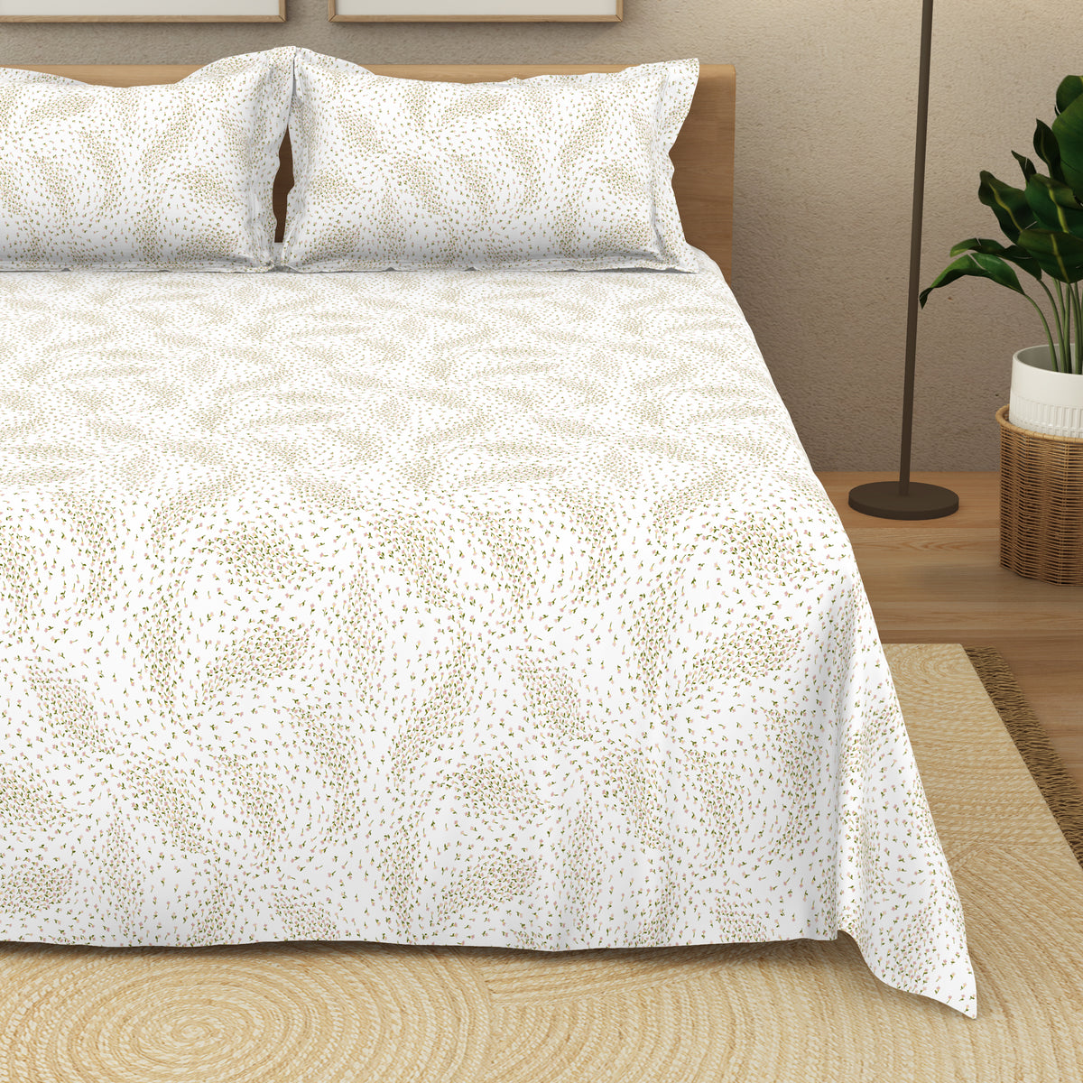 The Elegant Collection | Printed Double Bedsheet Set | 190 TC Cotton | Meadow Ditsy-Atlas Pink