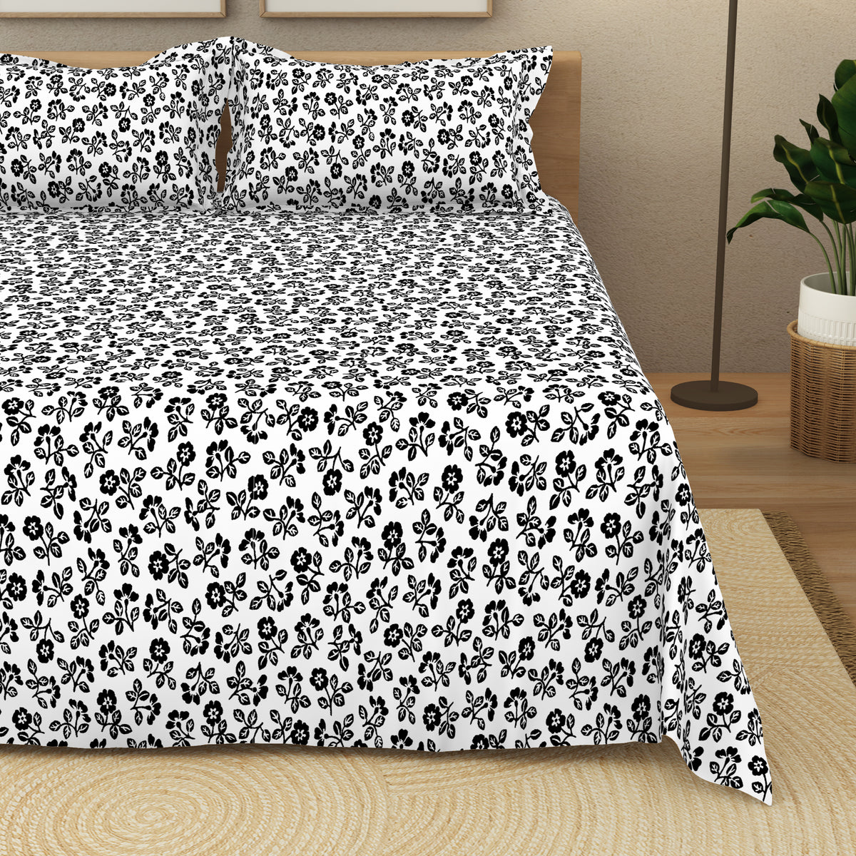 The Elegant Collection | Printed Double Bedsheet Set | 190 TC Cotton | Plain Ditsy-Black