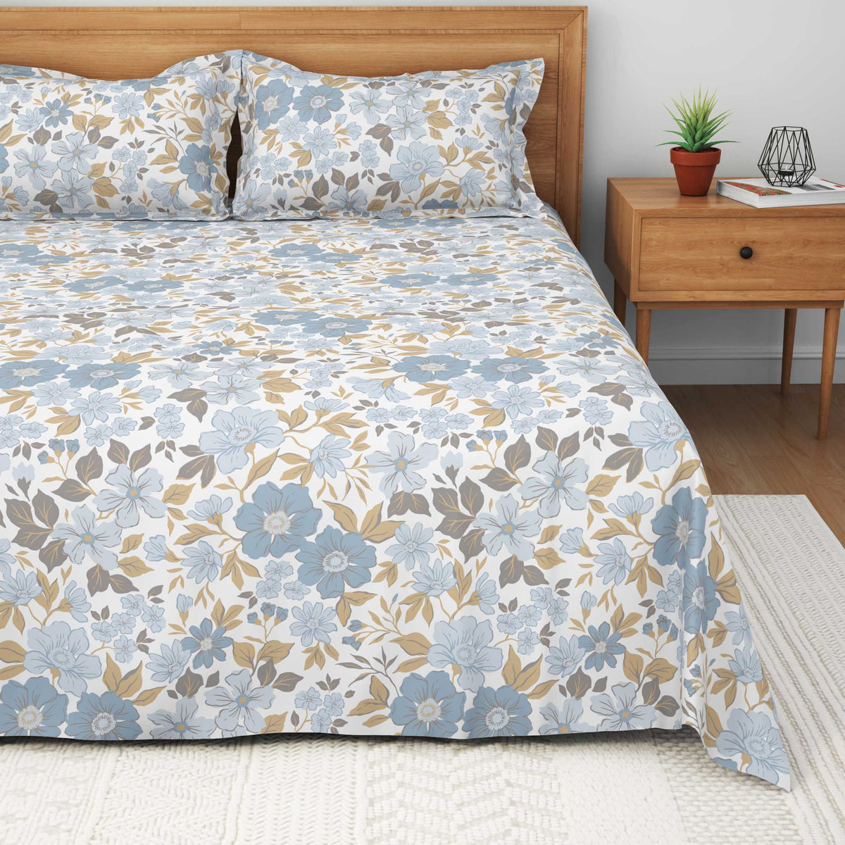 The Comfort Collection | Printed King Bedsheet Set | 120 Tc Percale Print | Dusky Blue