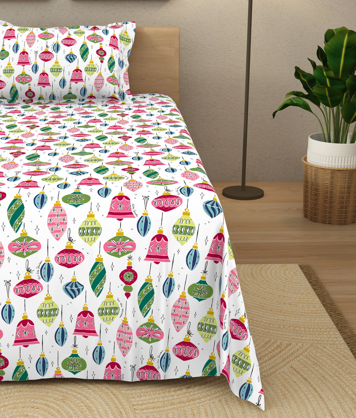 The Elegant Collection | Printed Single Bedsheet Set | 190 TC Cotton | Ornaments Holiday-Multi