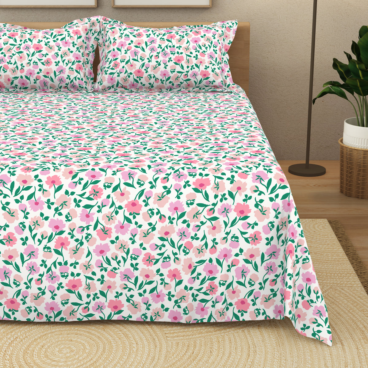 The Elegant Collection | Printed Double Bedsheet Set | 190 TC Cotton | Peony Party-Pink