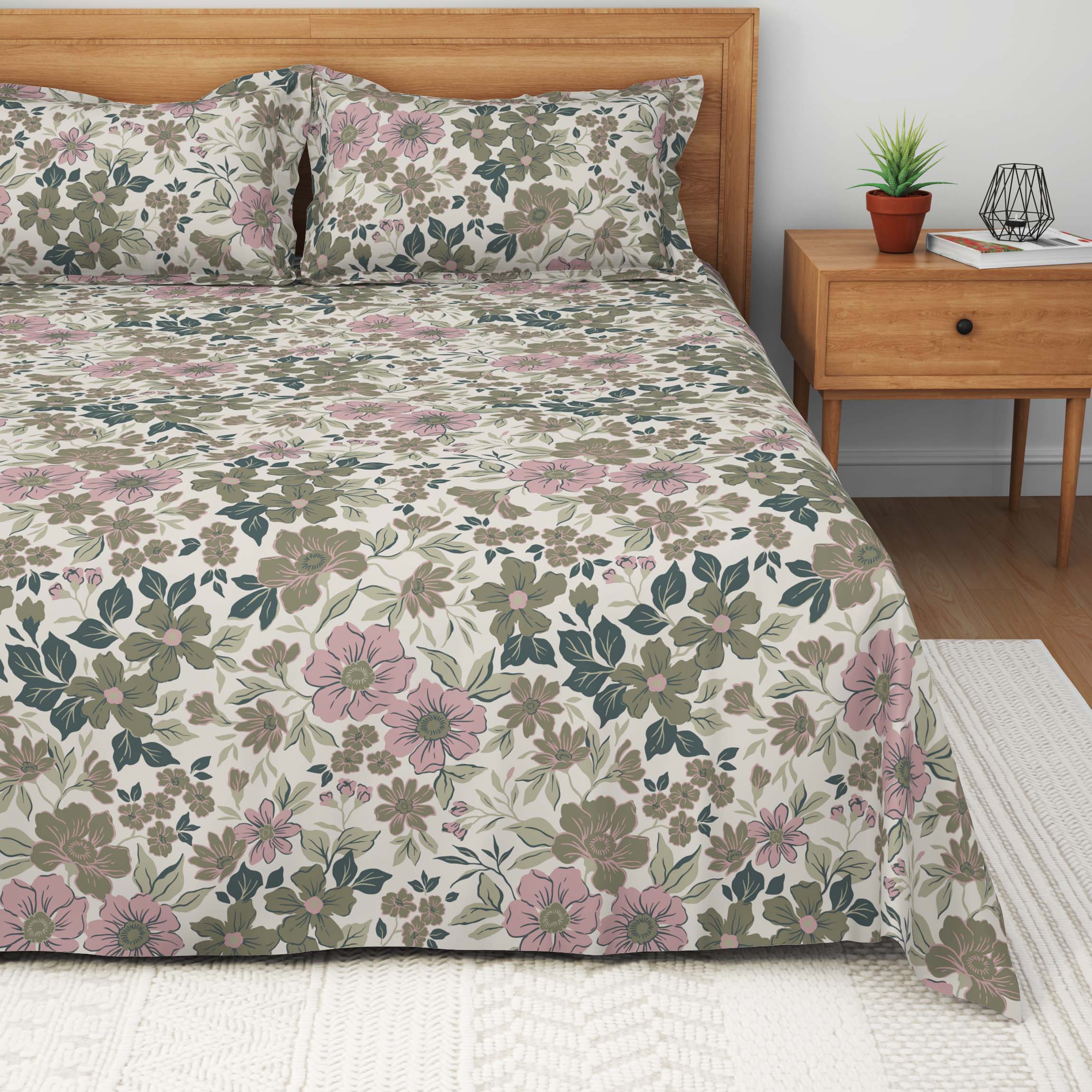 The Comfort Collection | Printed King Bedsheet Set | 120 Tc Percale Print - Pink Olive
