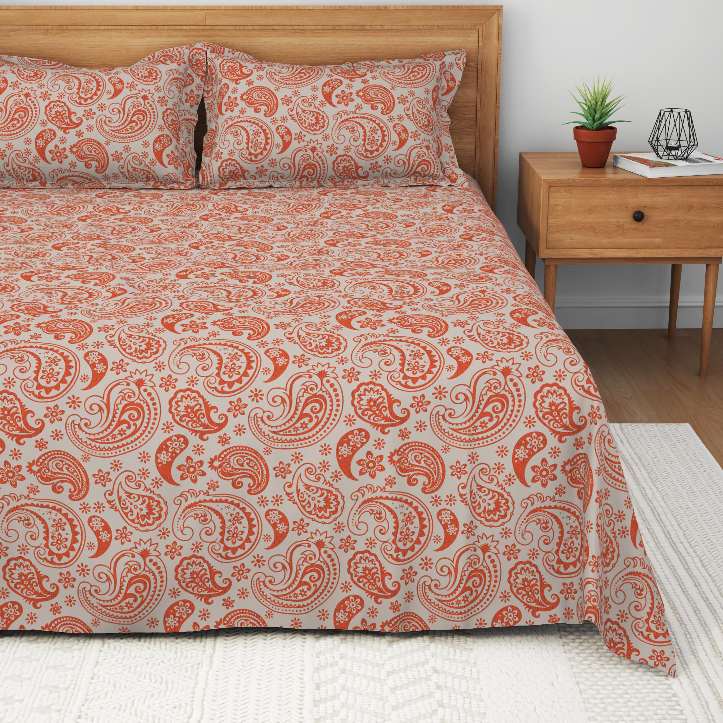 The Comfort Collection | Printed King Bedsheet Set | 120 Tc Percale Print - Rust
