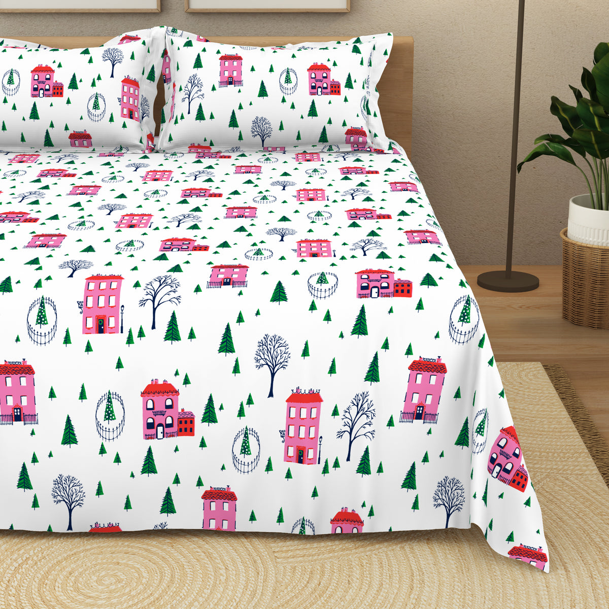 The Elegant Collection | Printed Double Bedsheet Set | 190 TC Cotton | Holiday Village-Multi